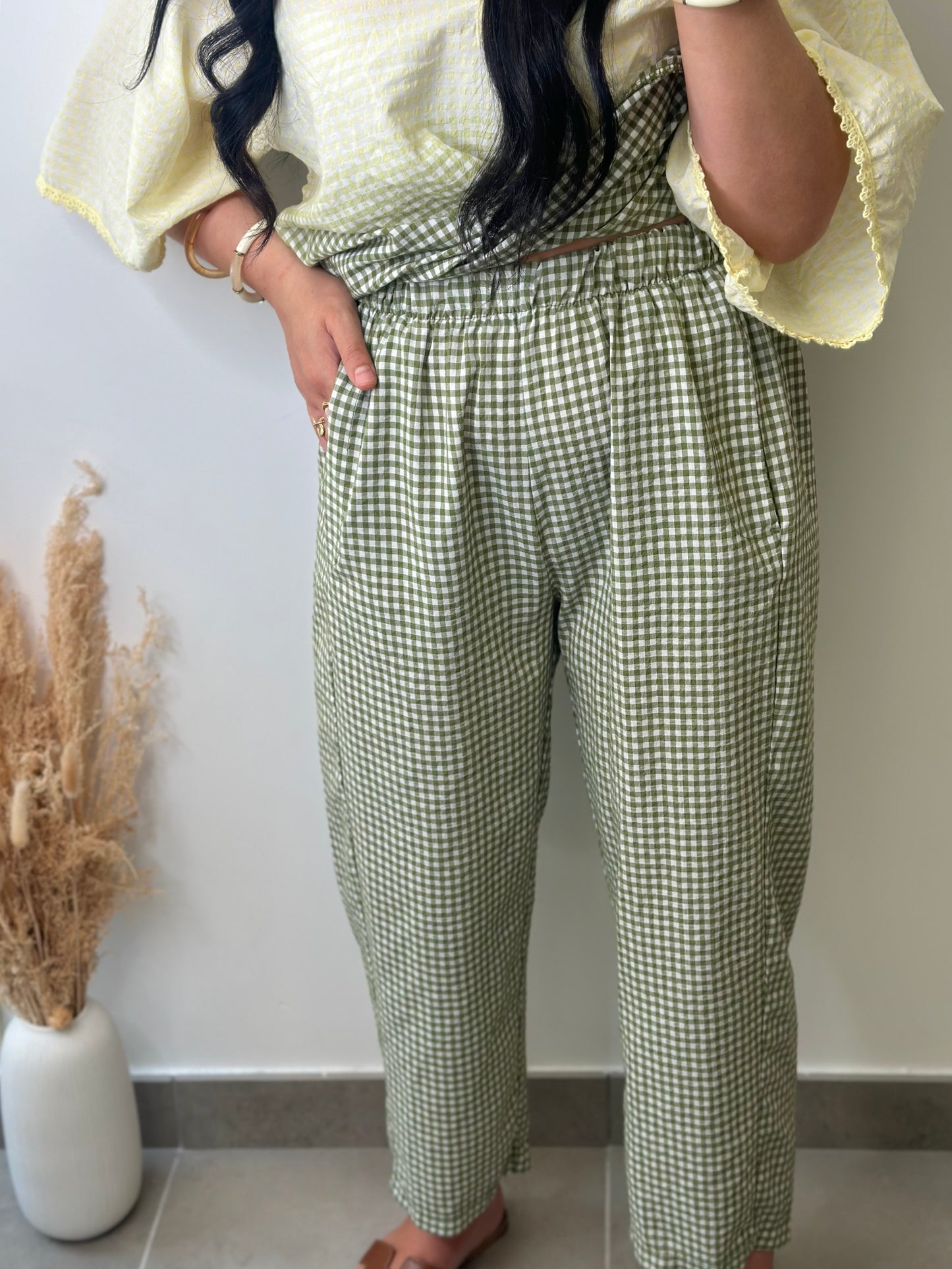 Pantalon imprimé vichy kaki