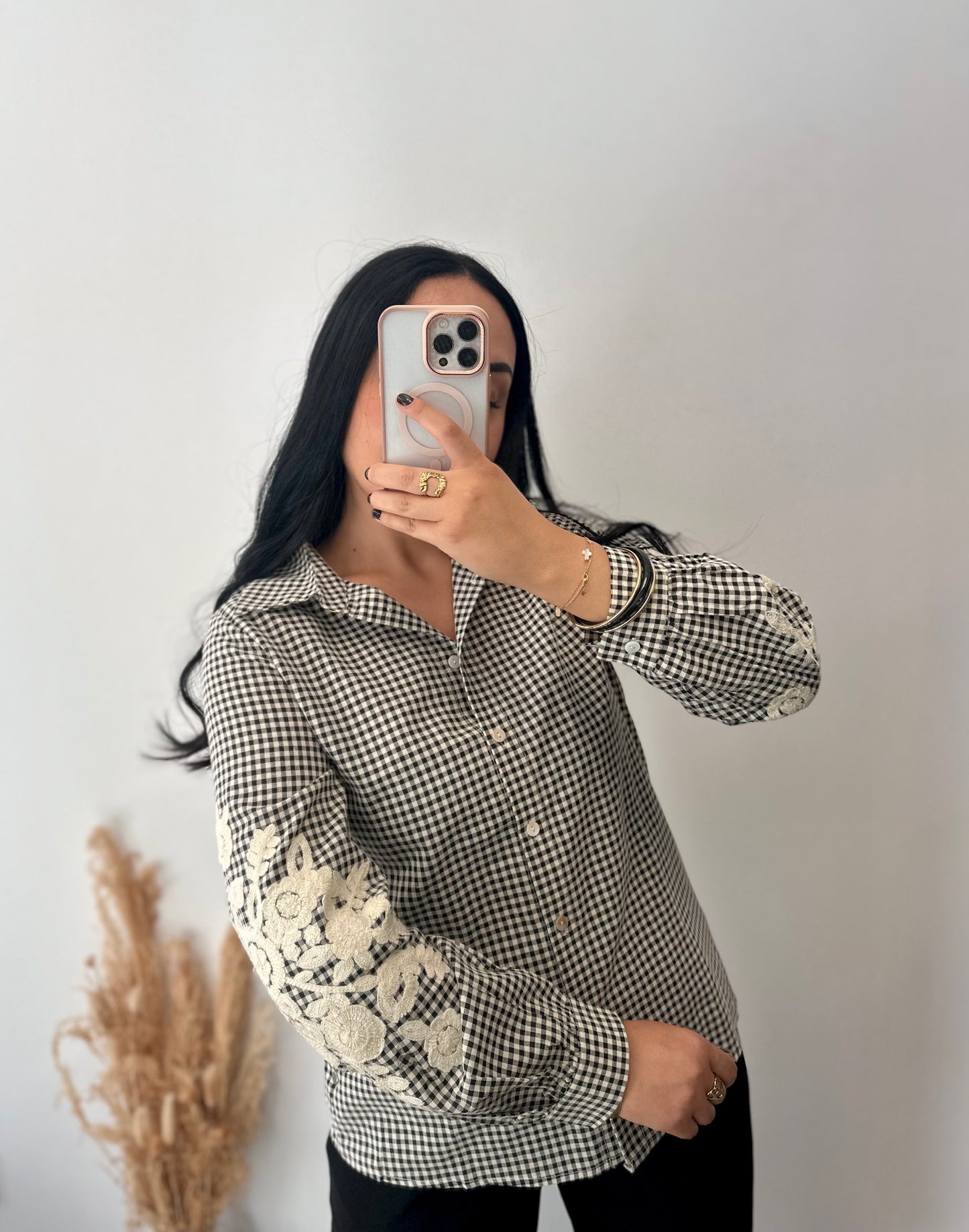 Chemise vichy à broderies sur les manches - NOUR