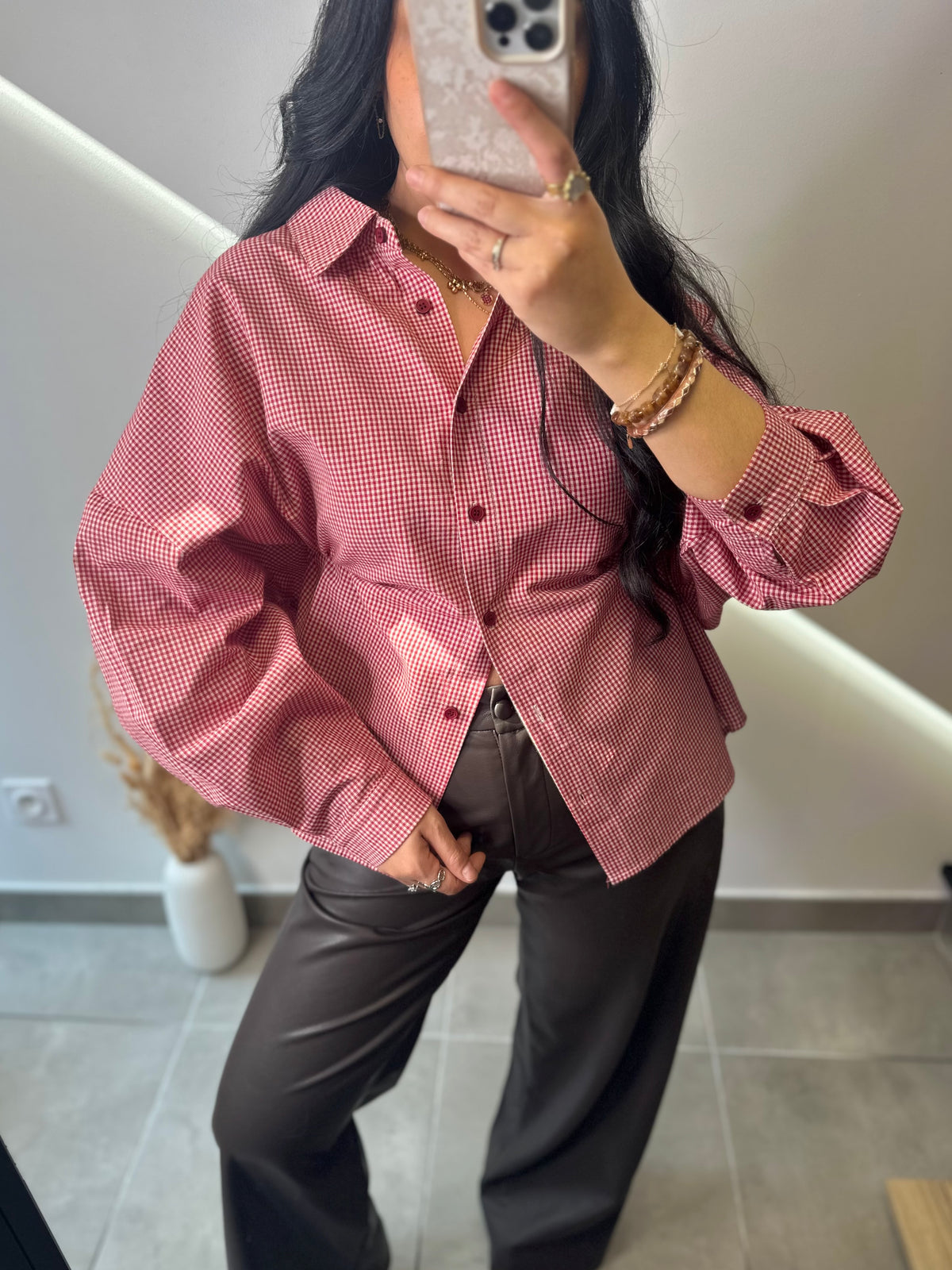 Chemise oversize à petits carreaux vichy rouge boutons bordeaux