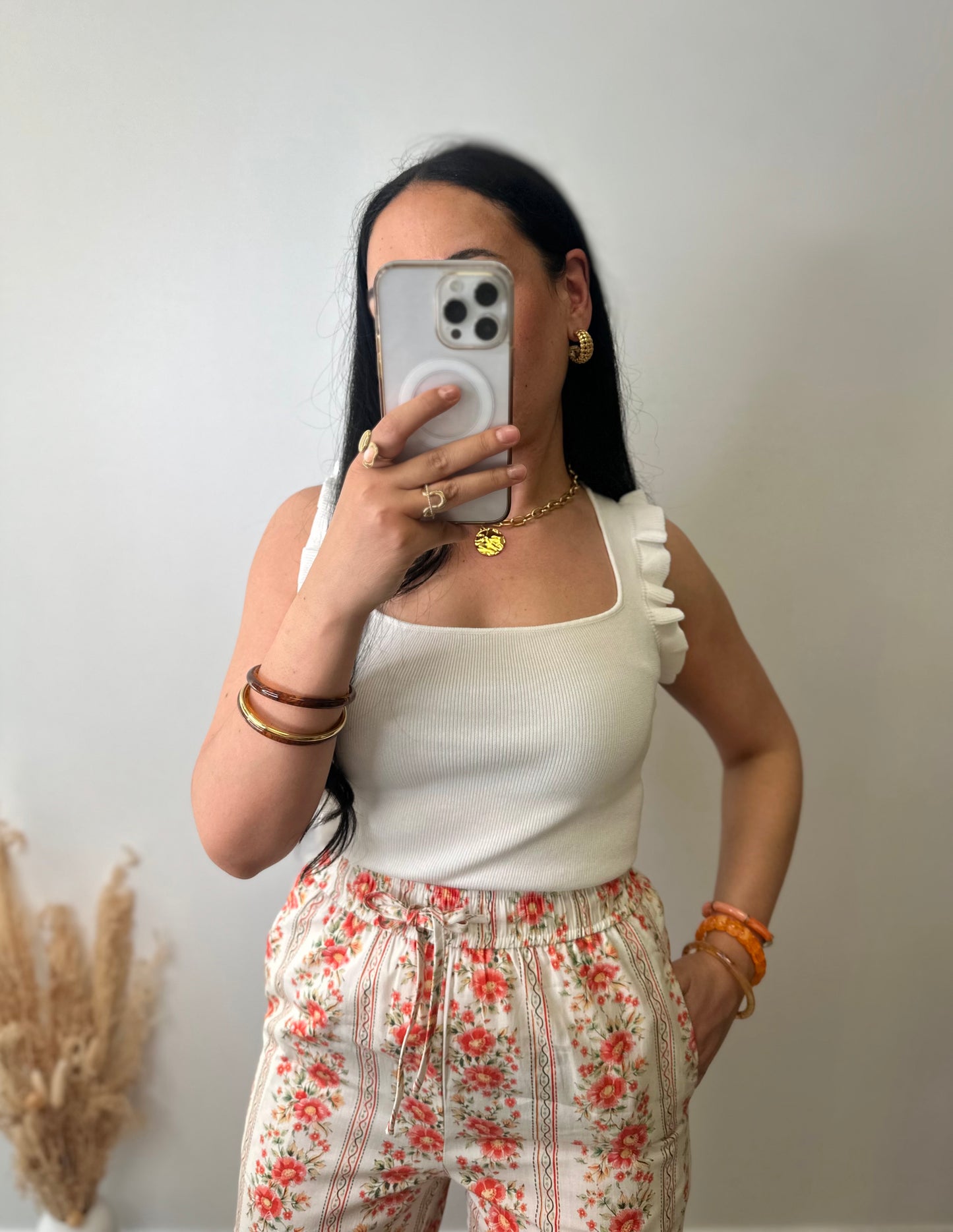 Pantalon en coton à motifs fleuries orange