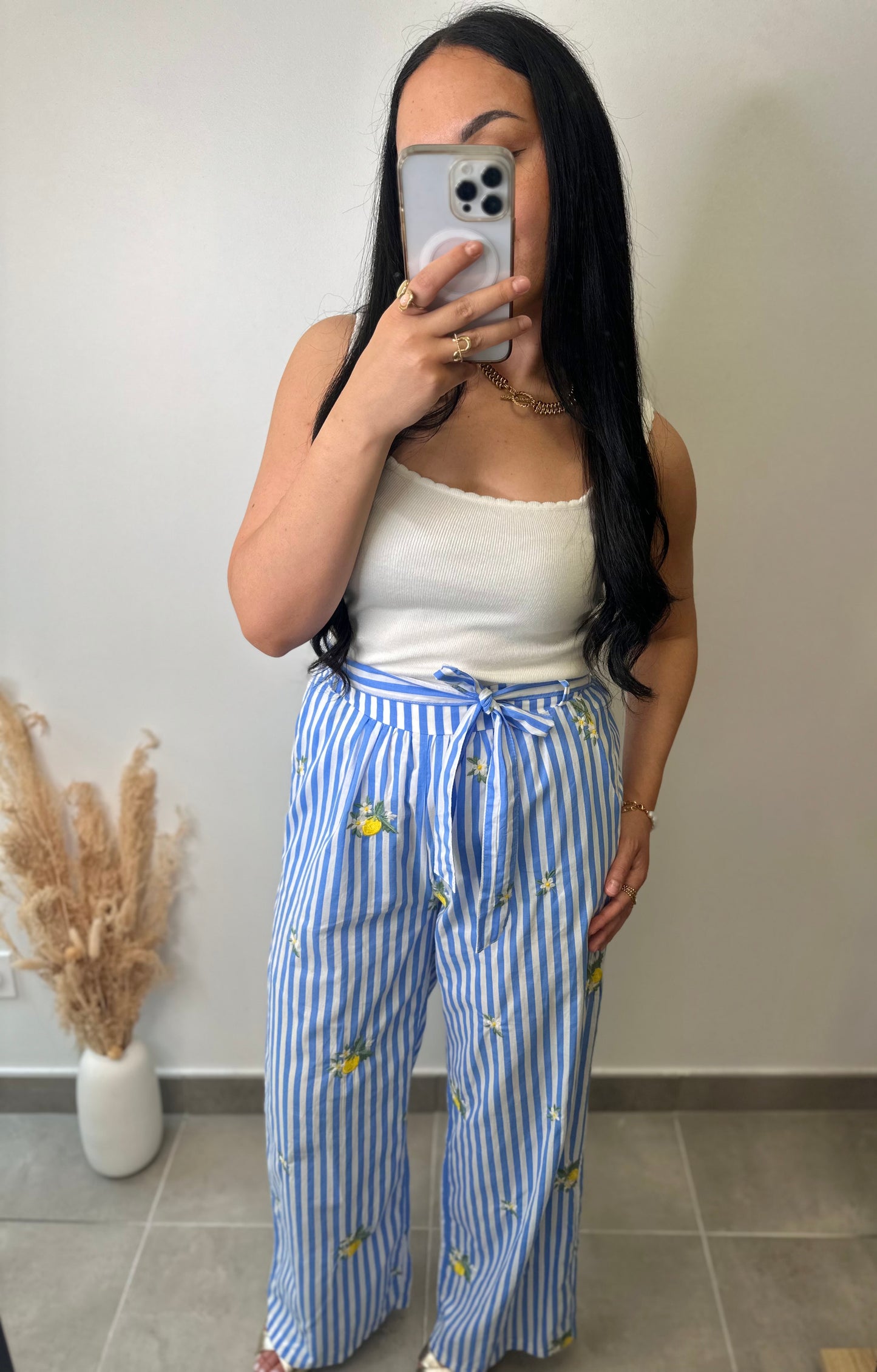 Pantalon en coton élastique à rayures bleues et citrons