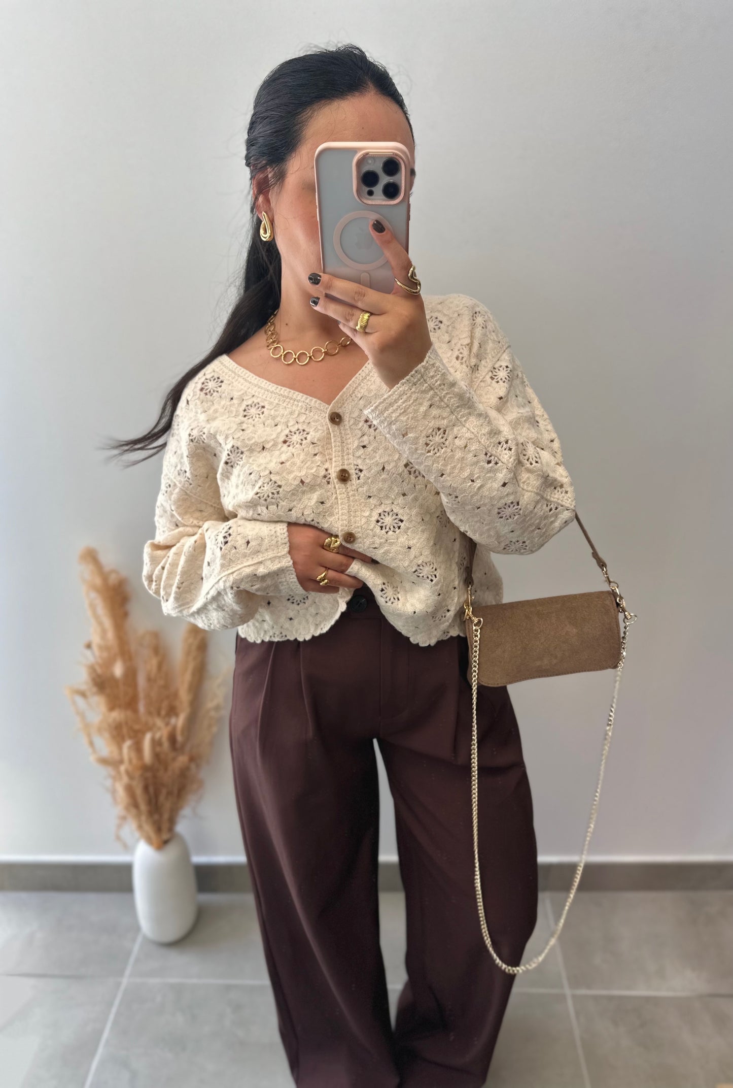 Gilet à crochets beige fleuries - INÈS