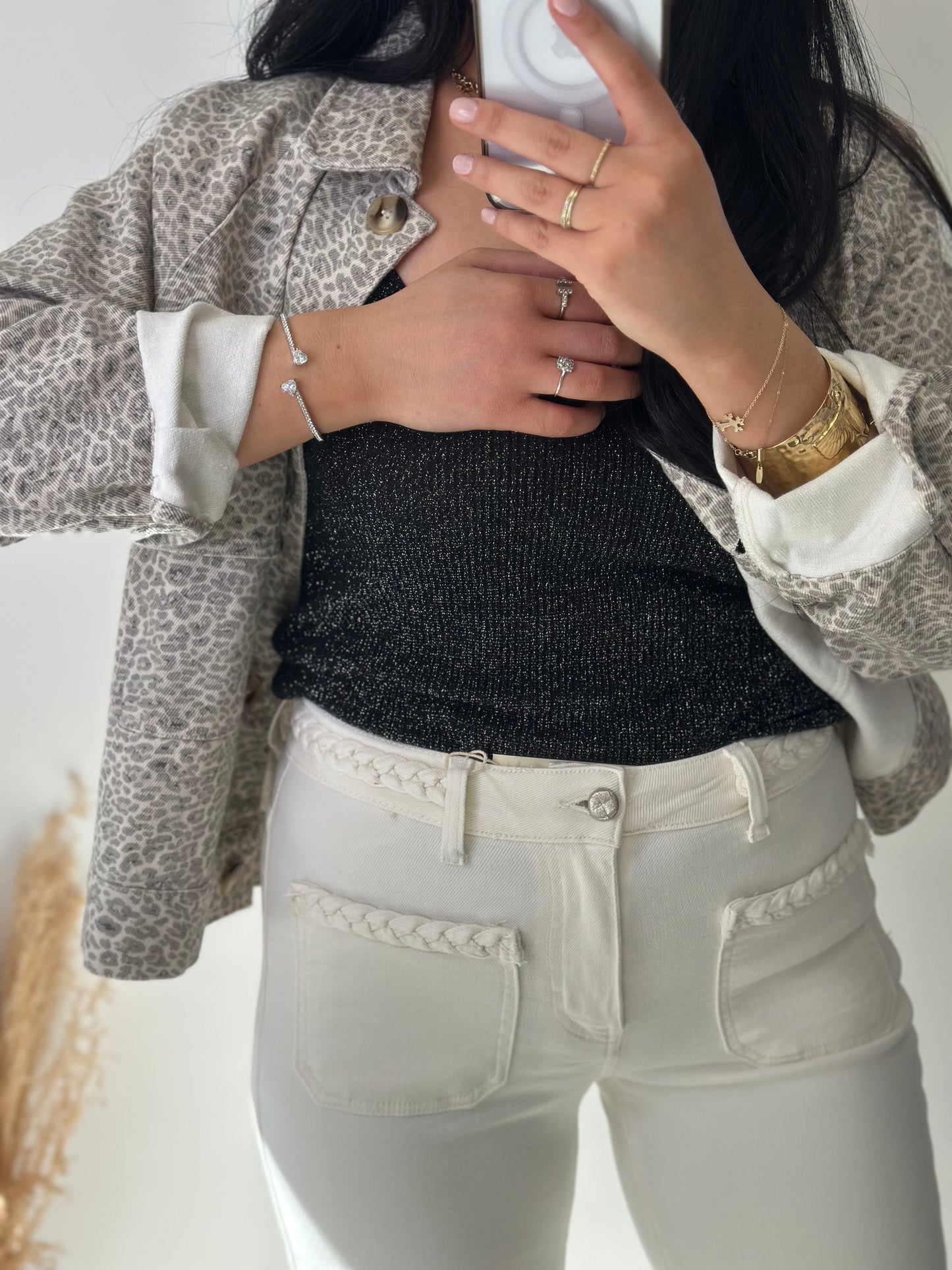 Veste en jean grise motifs léopard