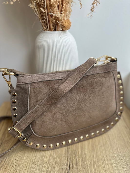 Sac banane rigide en cuir suédine taupe - LOUISE