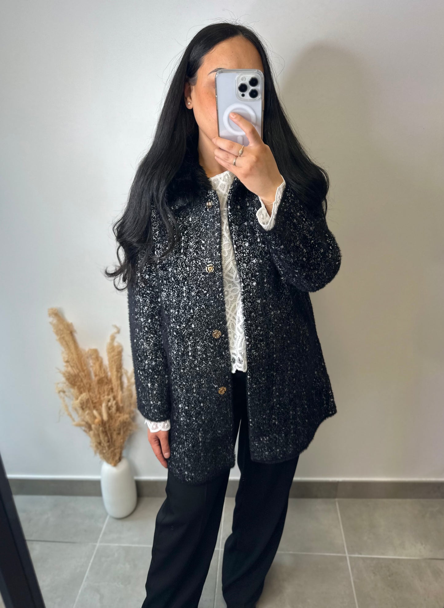 Manteau chiné col fourrure - COLINE