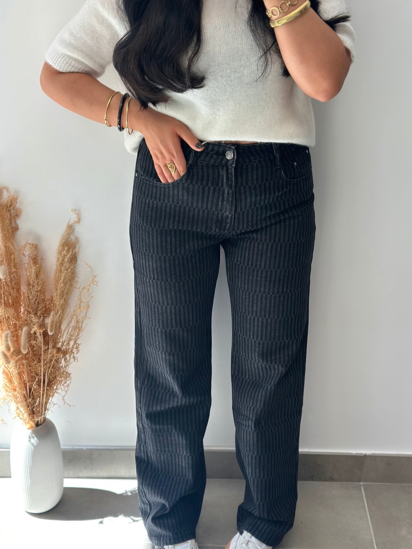Jean à motifs gris & noir wide leg - MANON