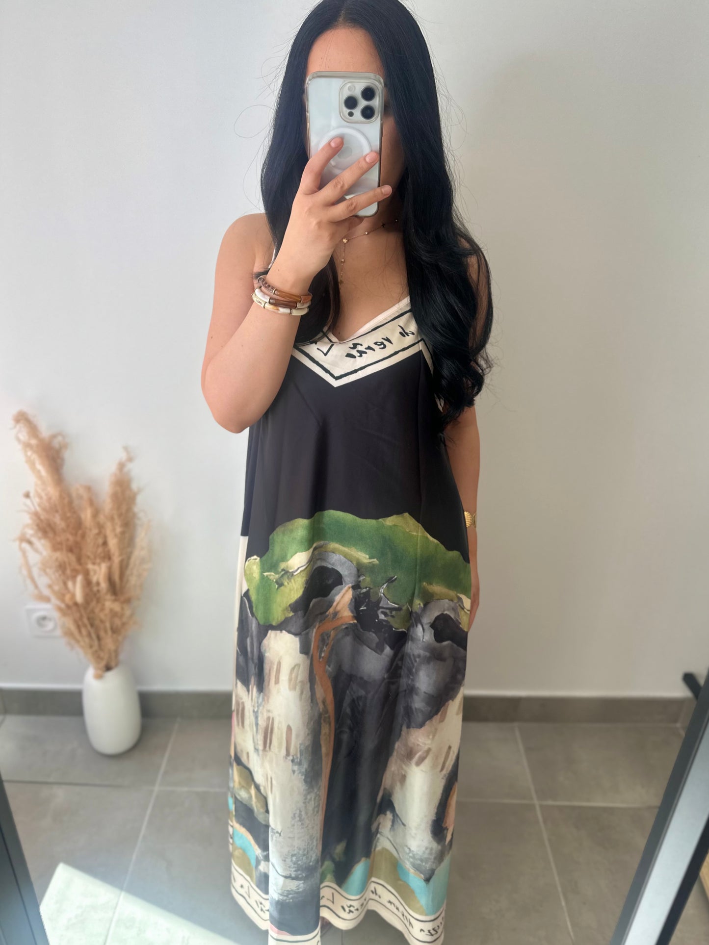 Robe bretelles en viscose motifs aquarelle noire