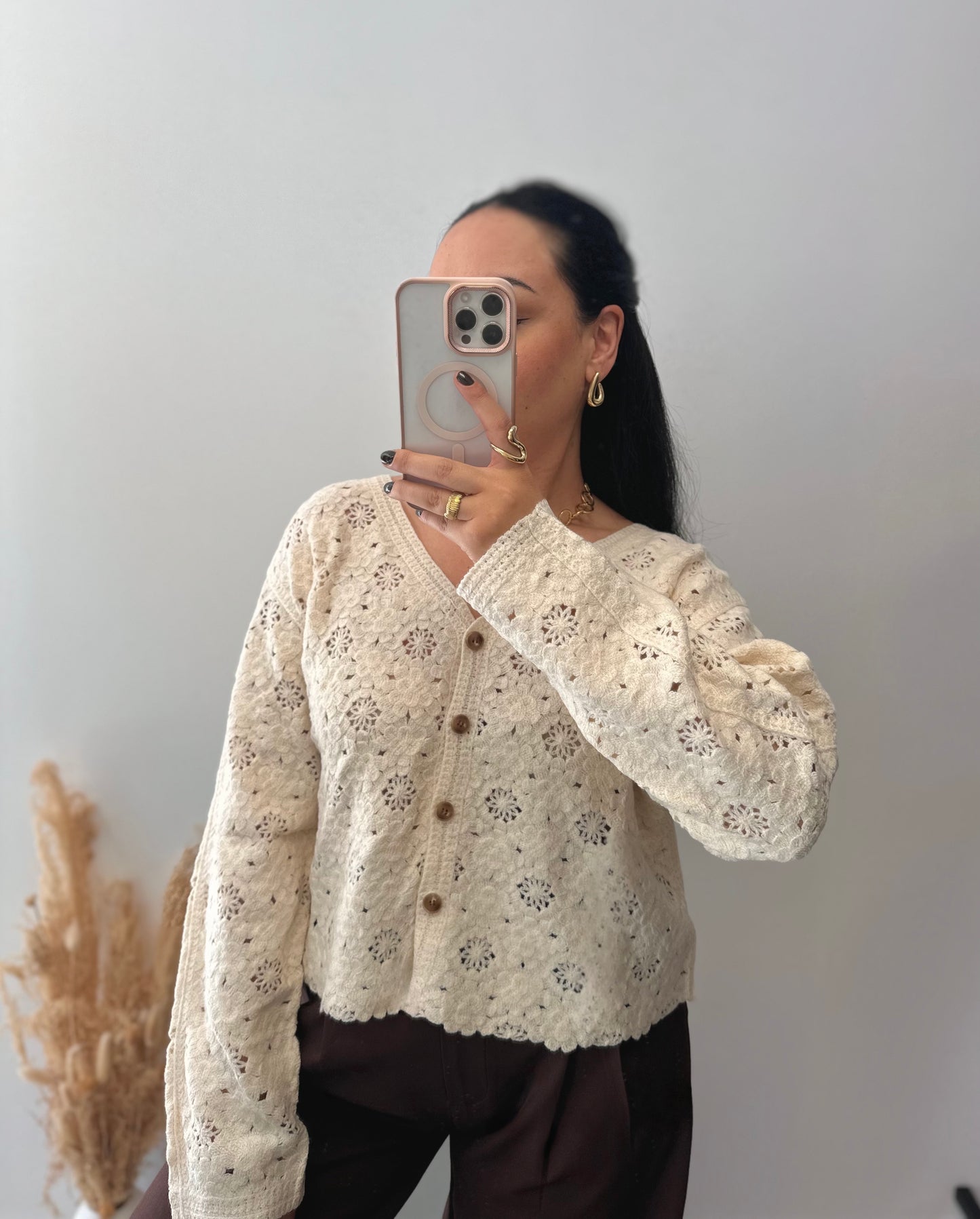 Gilet à crochets beige fleuries - INÈS
