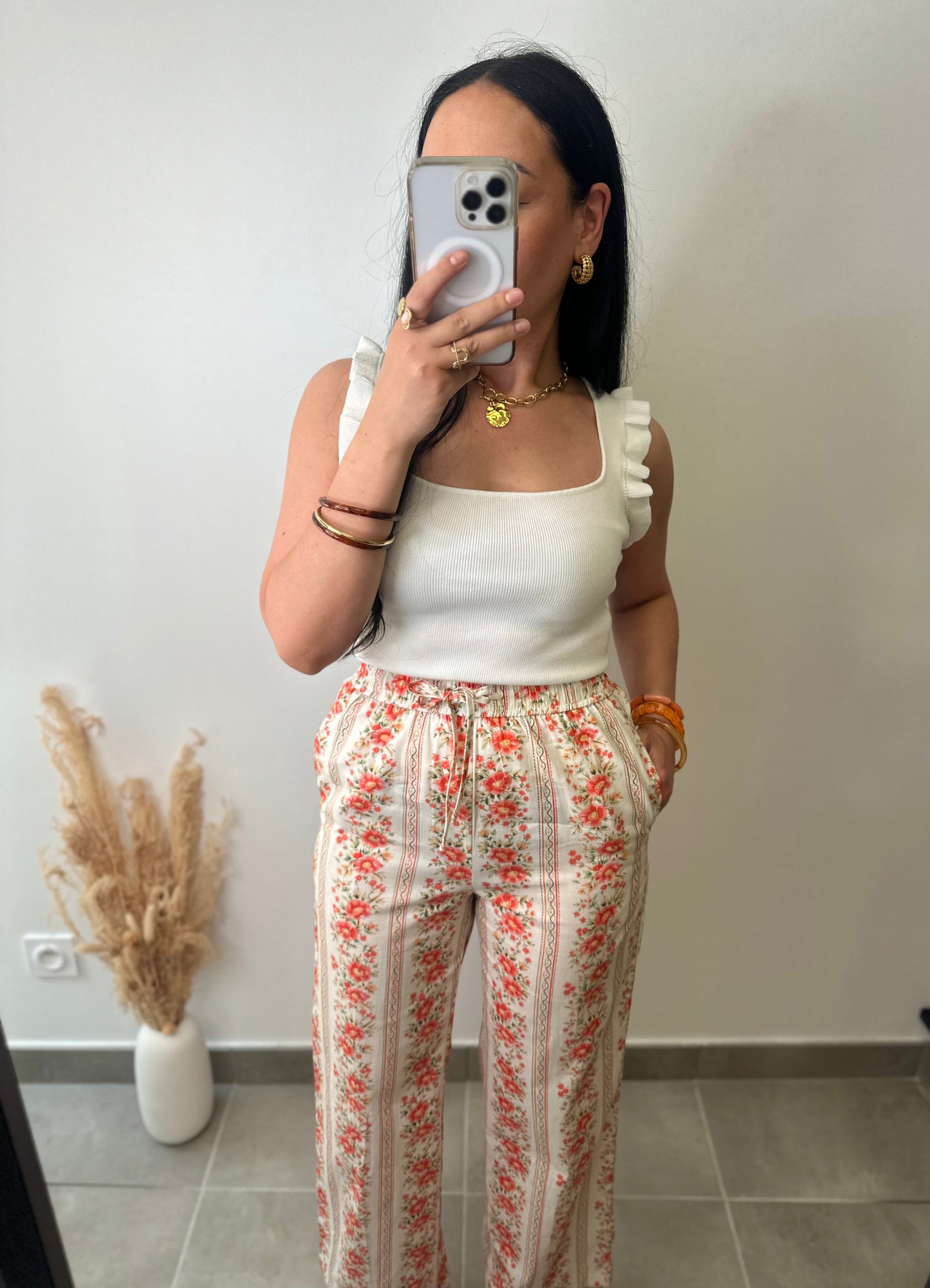 Top en viscose blanc col carré à volants