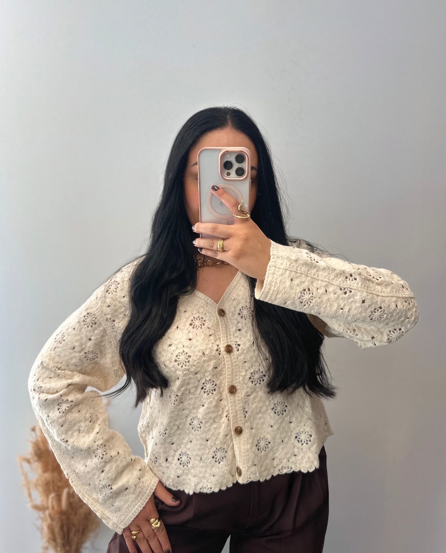 Gilet à crochets beige fleuries - INÈS