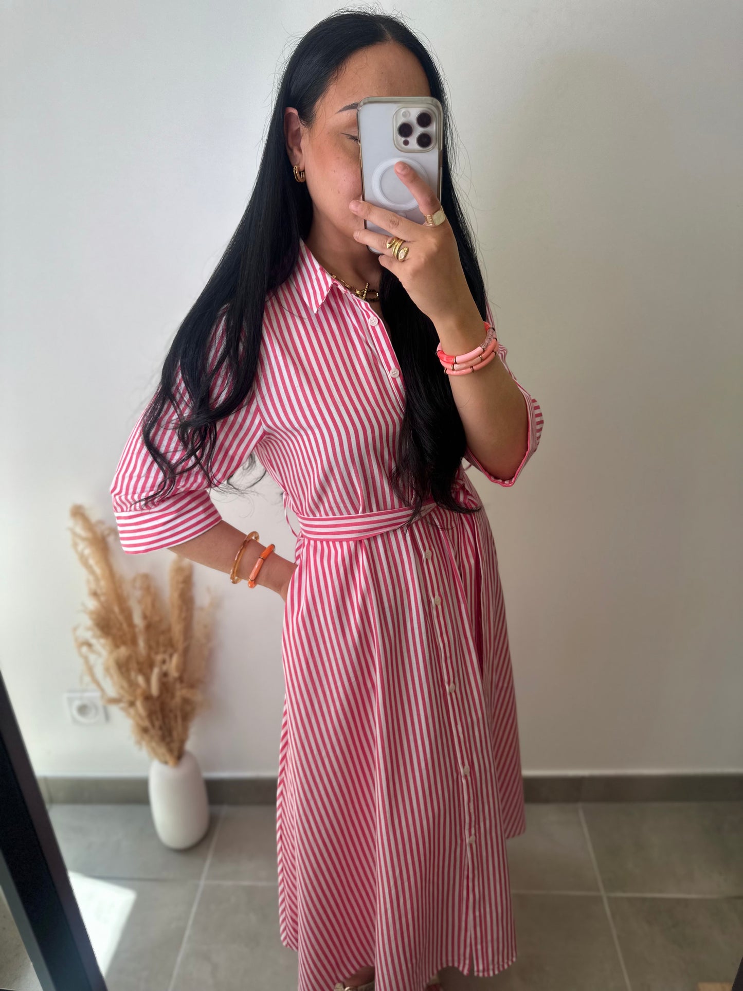 Robe chemise a rayures rose