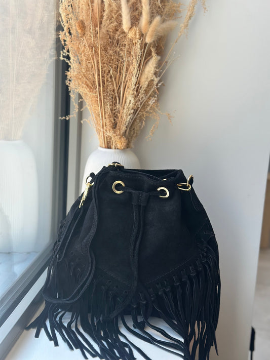 Black suede fringed ball bag - LARA