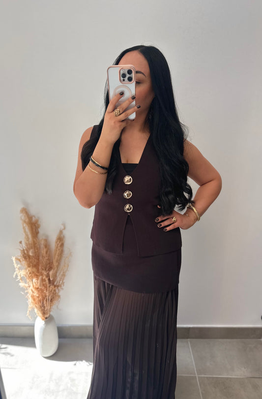 Brown pleated double texture skirt - NOLA