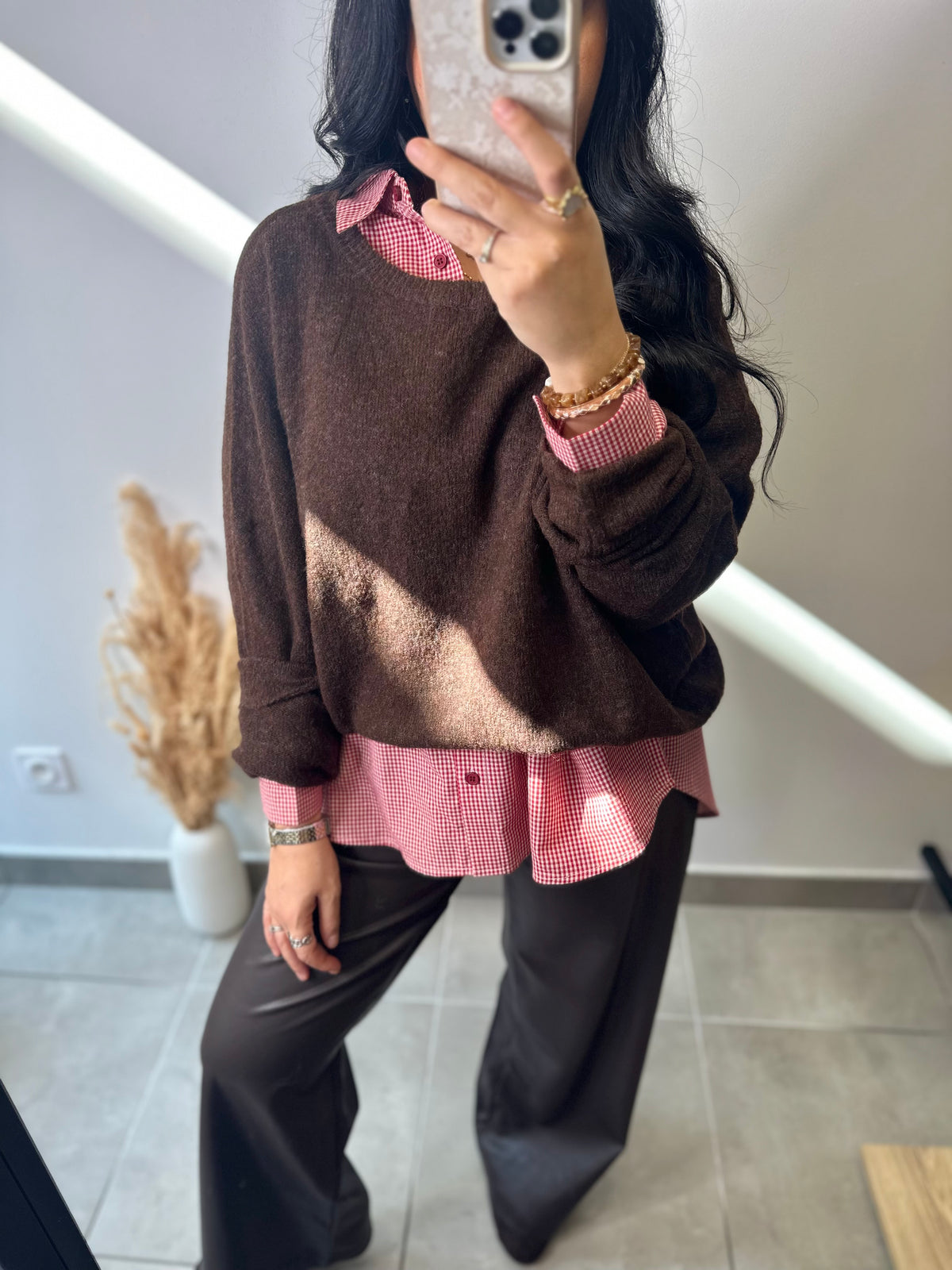 Pull col rond oversize en maille duveteuse chocolat