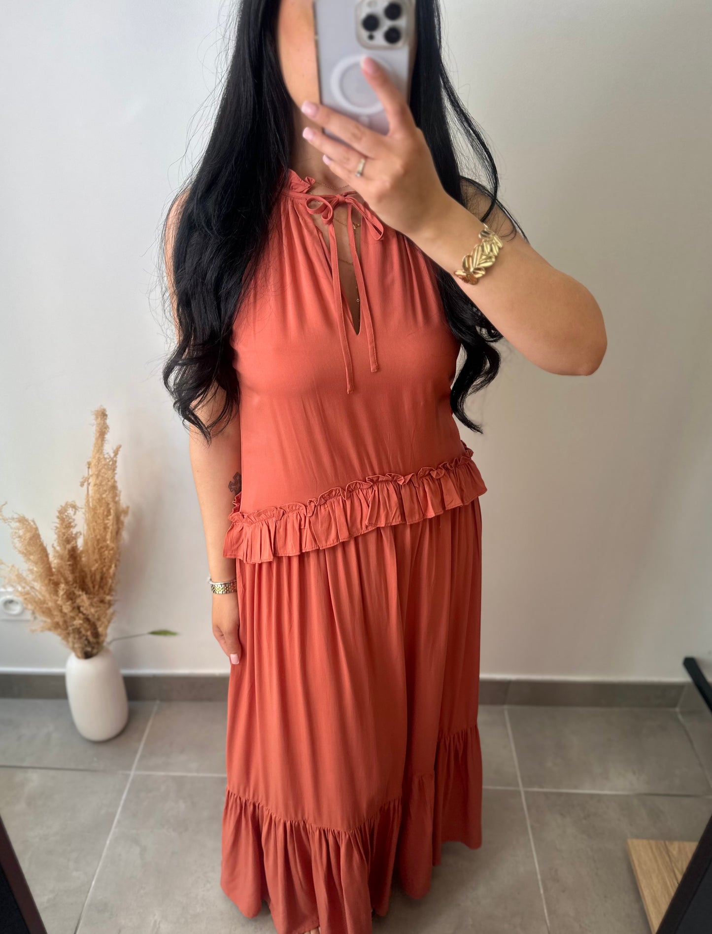 Robe longue à volants terracotta