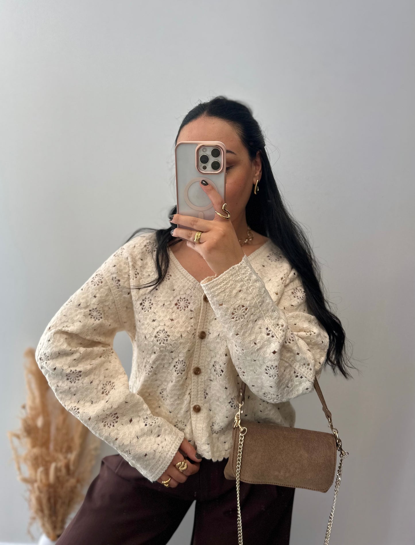 Gilet à crochets beige fleuries - INÈS