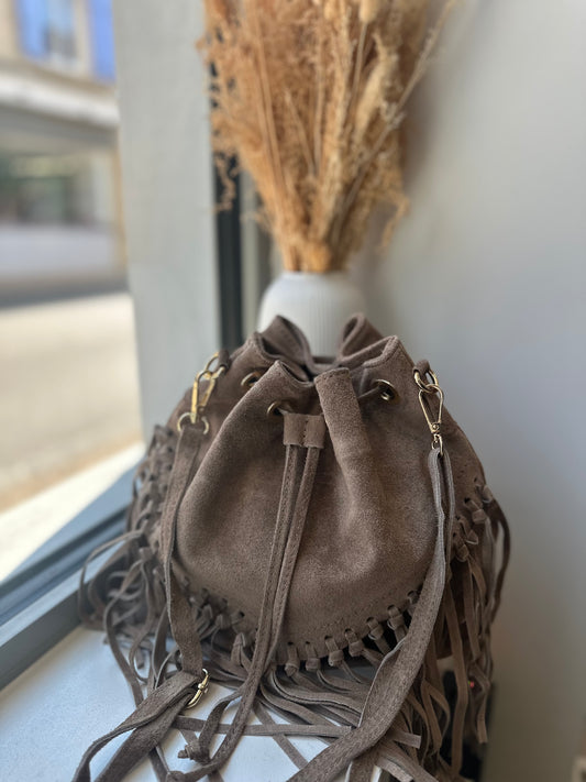Taupe suede fringed ball bag - MAYA