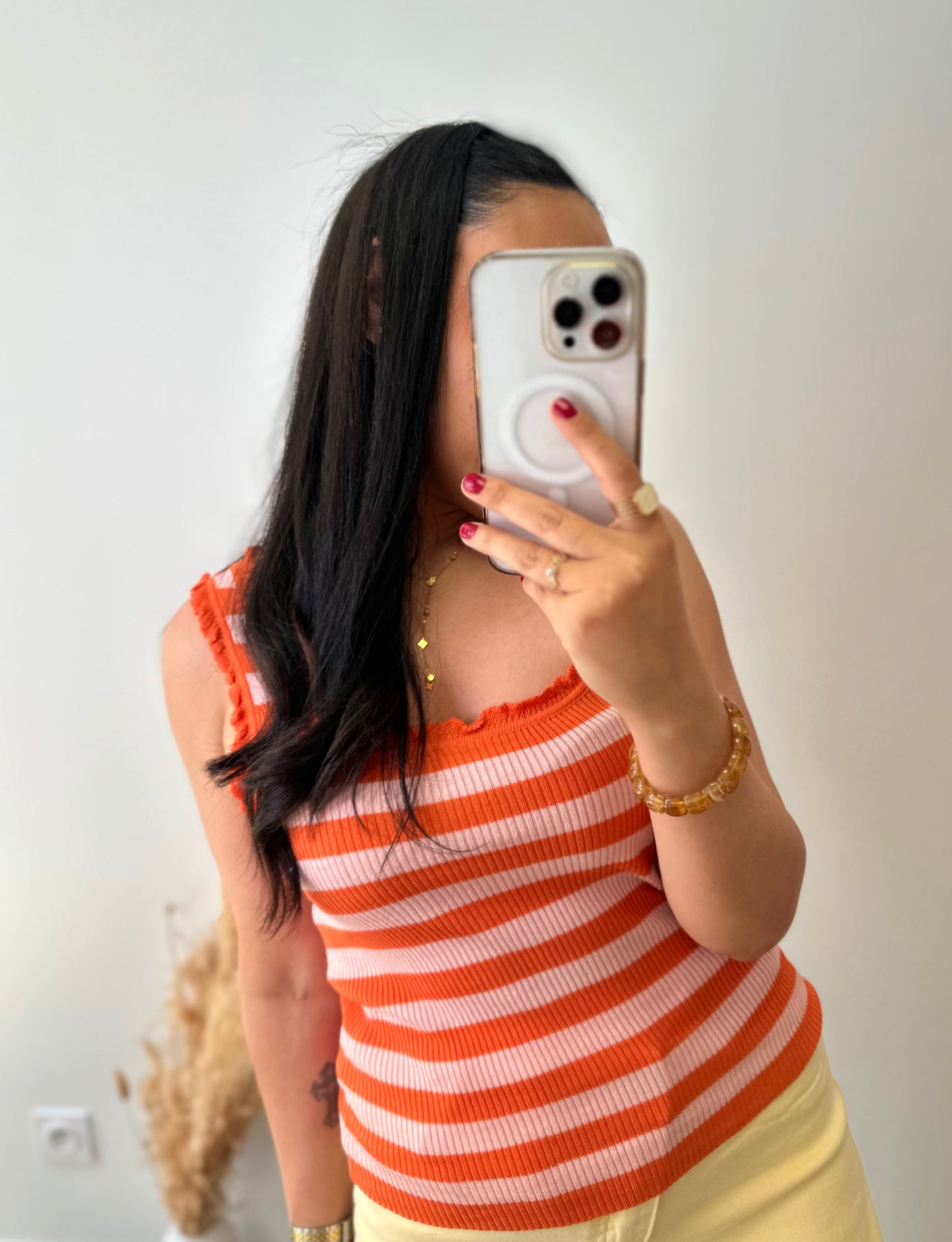 Top en viscose orange et rose clair