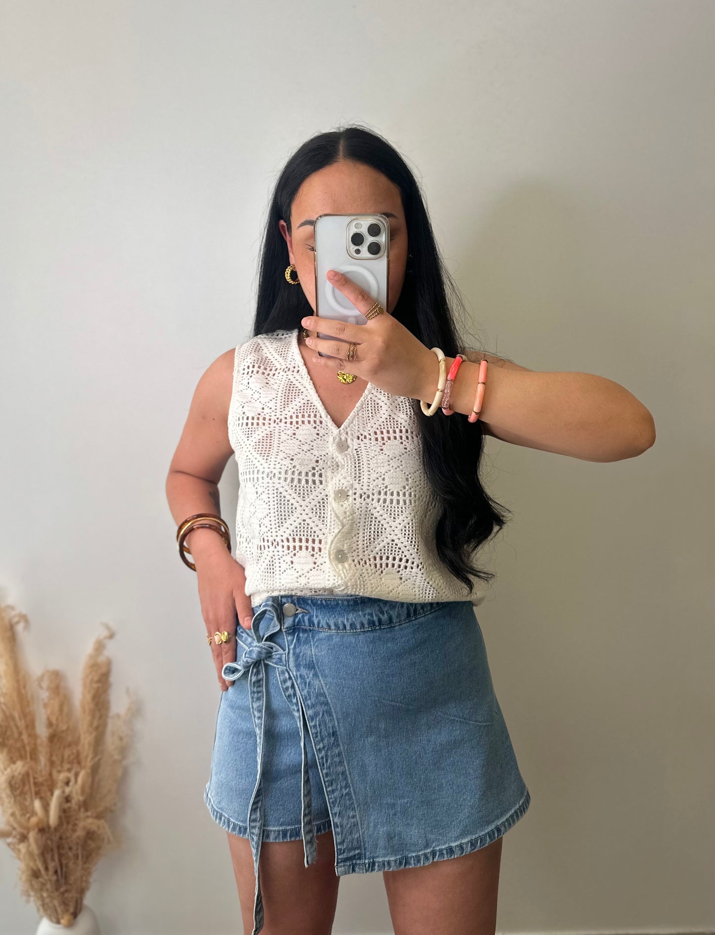 Top en maille fine type crochet blanc