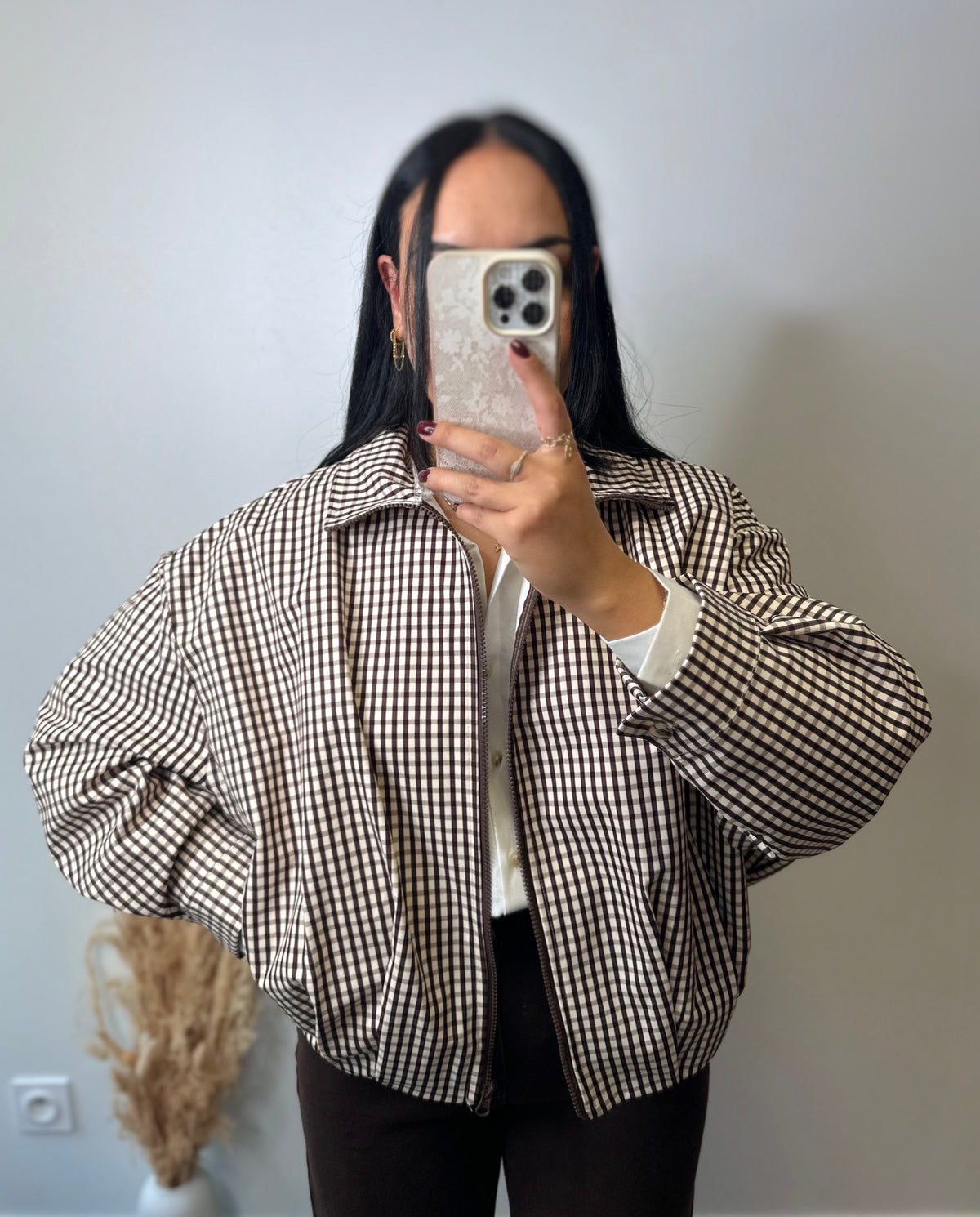 Veste à carreaux beige et marron oversize