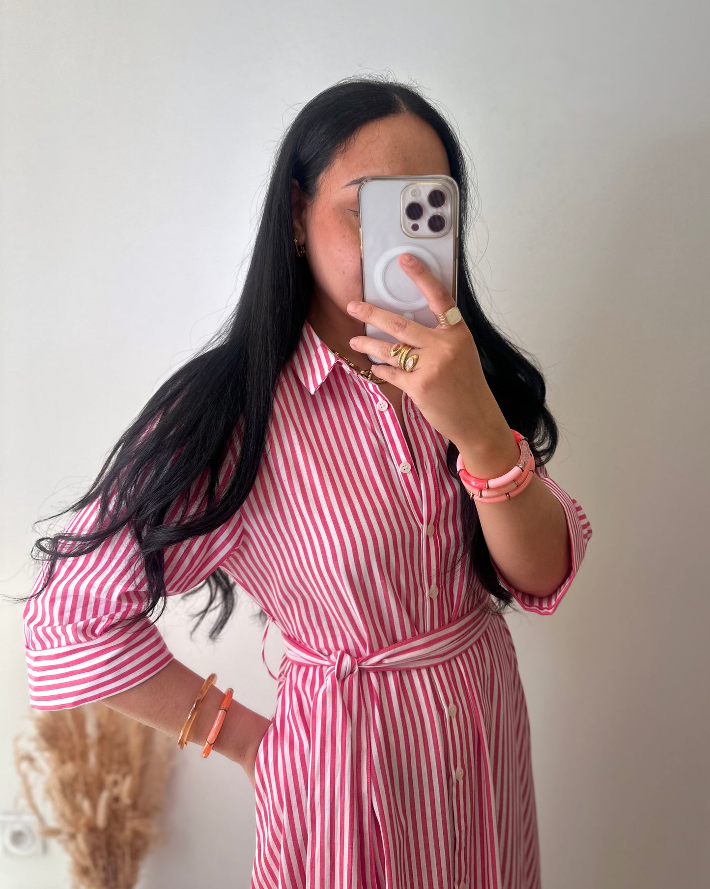 Robe chemise a rayures rose