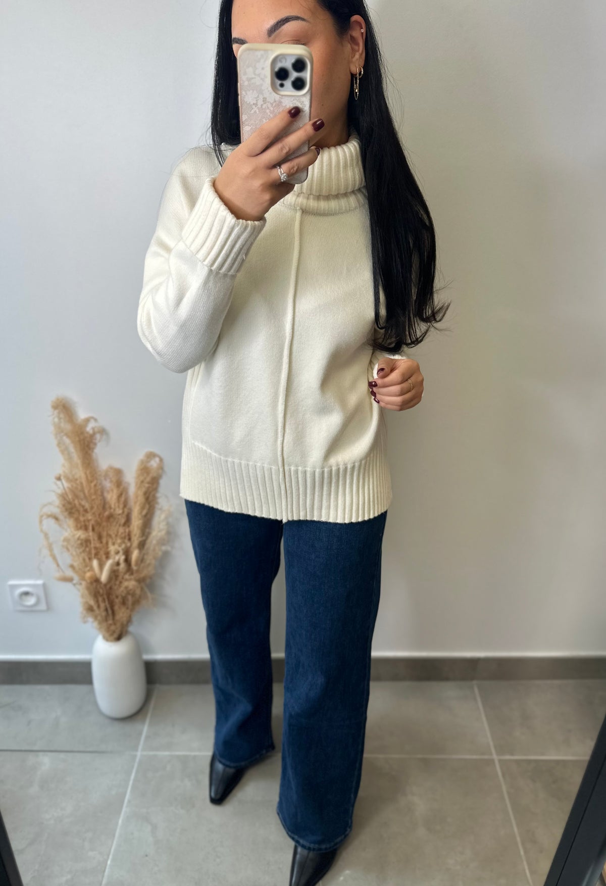 Pull col roulé en viscose couleur crème à détails