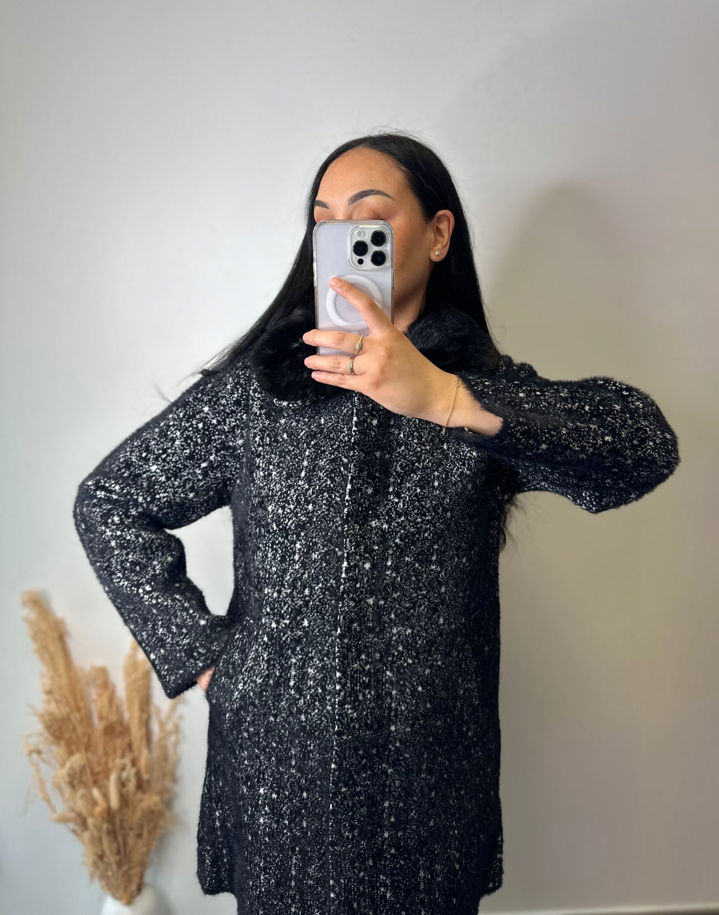 Manteau chiné col fourrure - COLINE