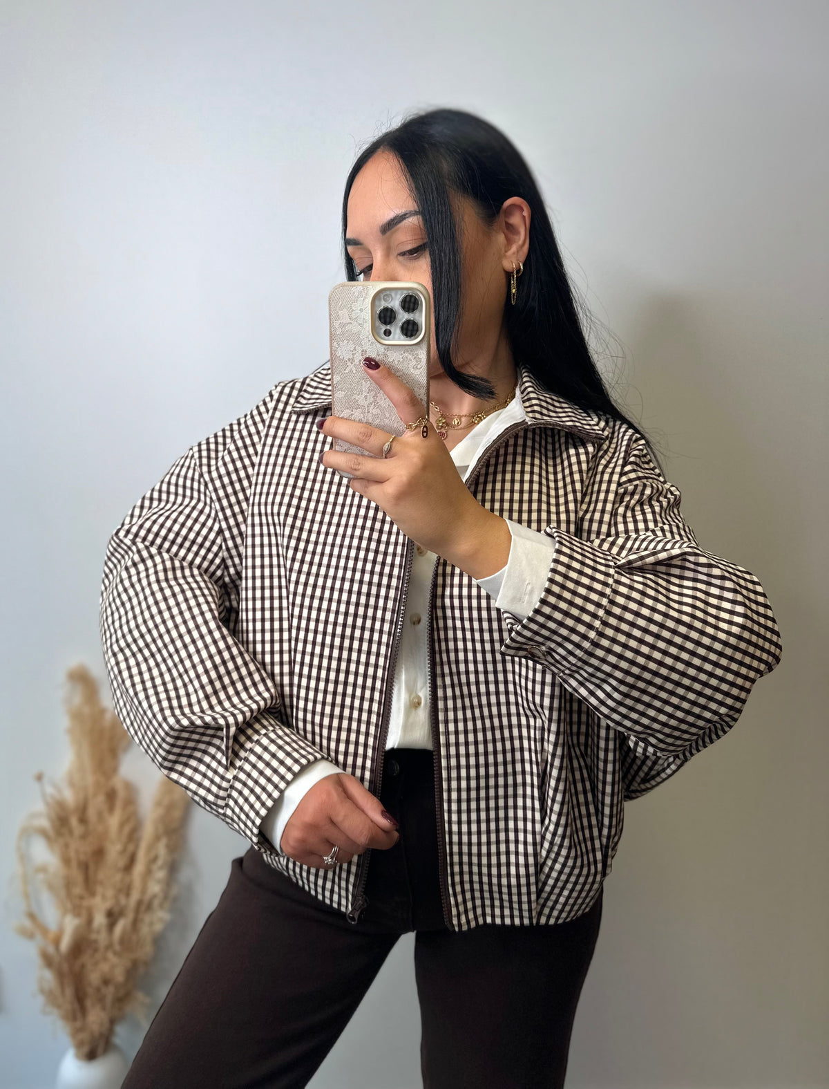 Veste à carreaux beige et marron oversize