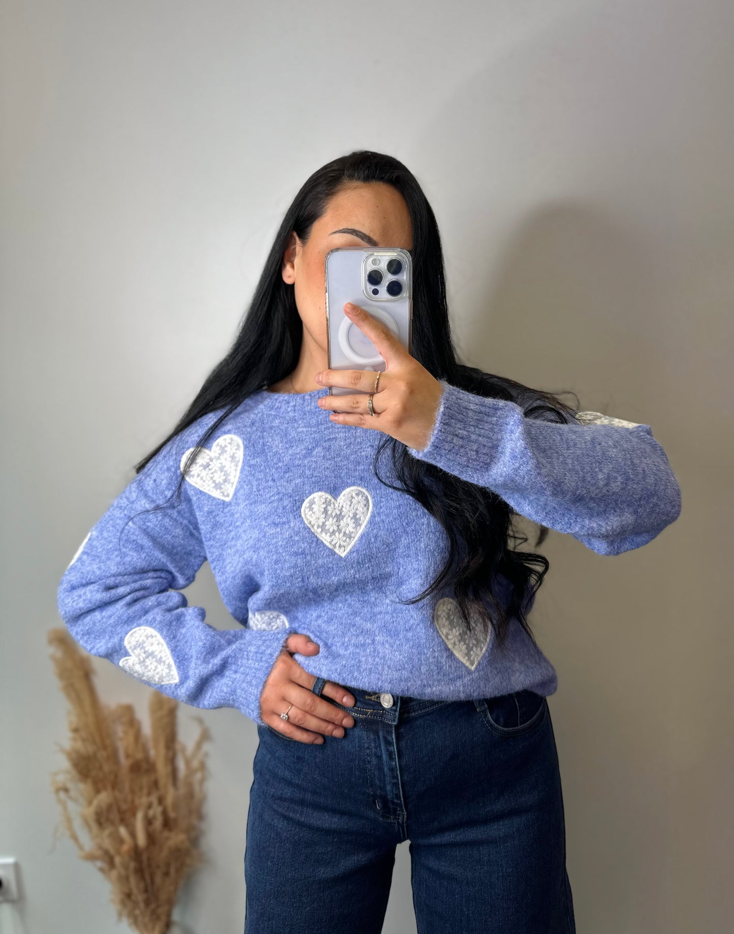 Pull bleu à cœur blanc - ROMANE