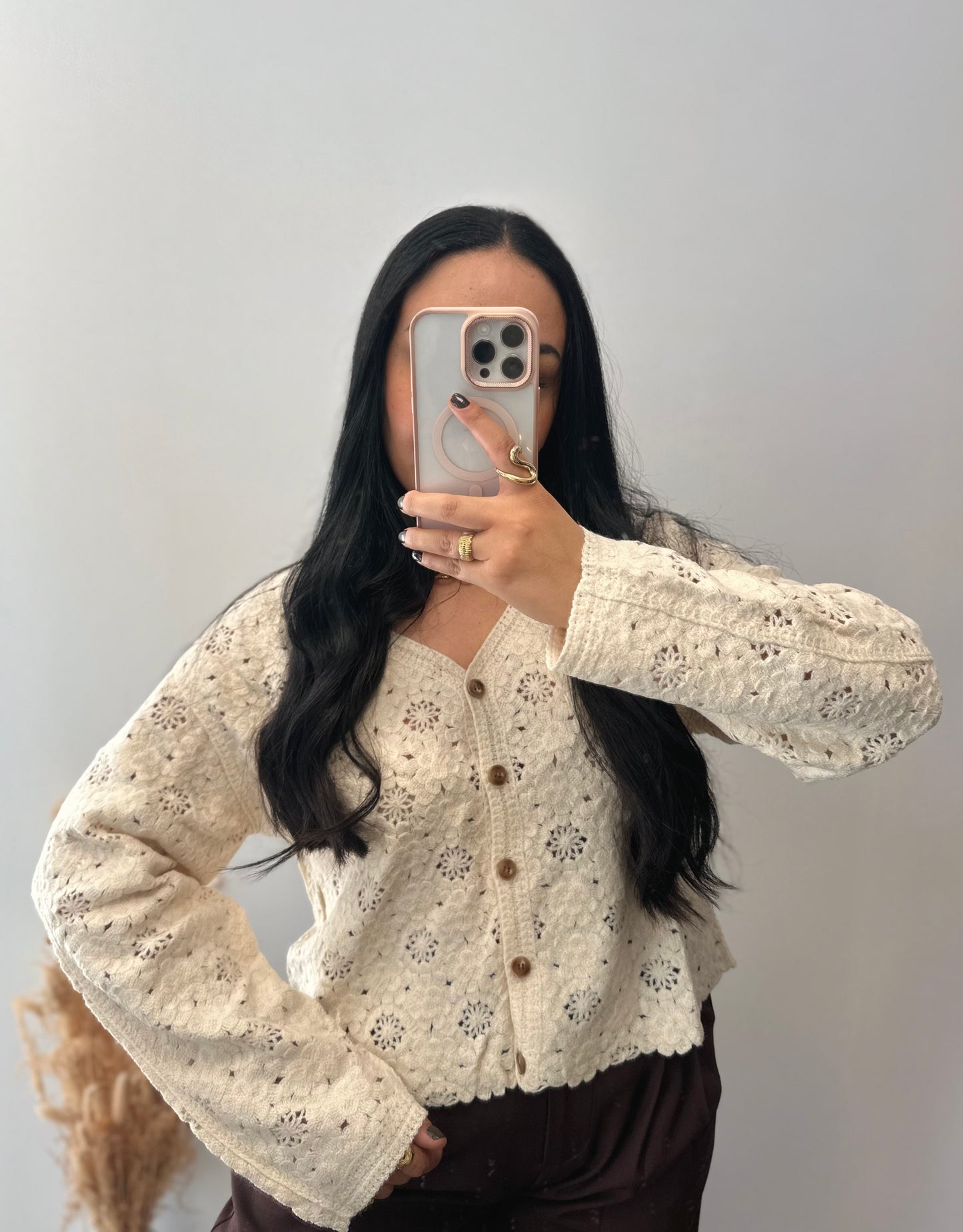 Gilet à crochets beige fleuries - INÈS