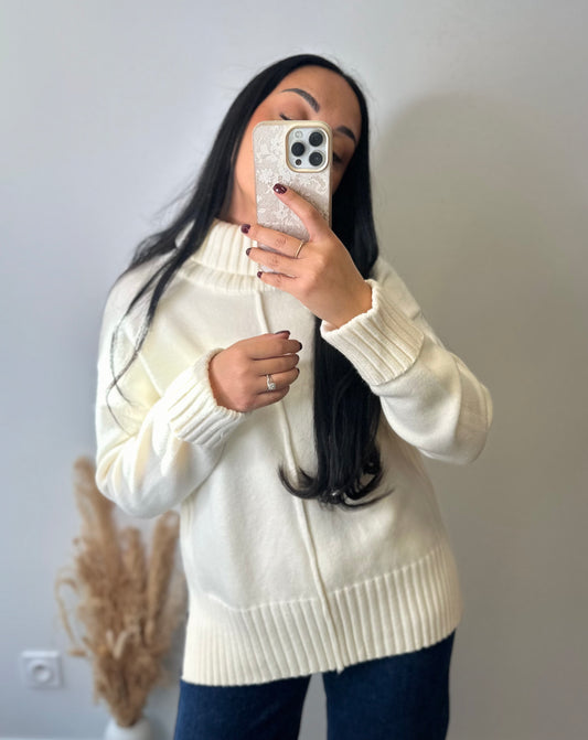 Pull col roulé en viscose couleur crème à détails