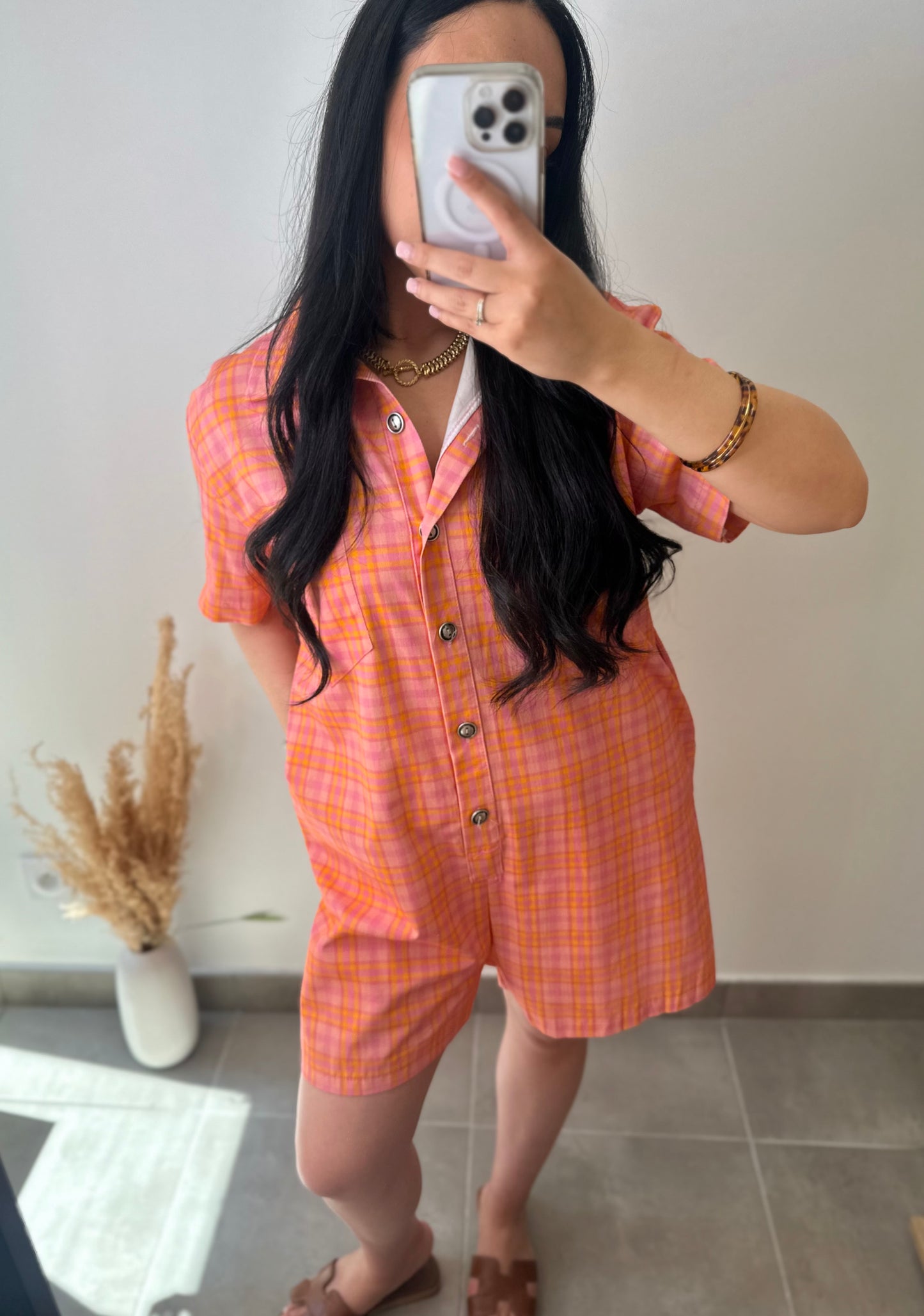 Combi-short à carreaux orange et rose