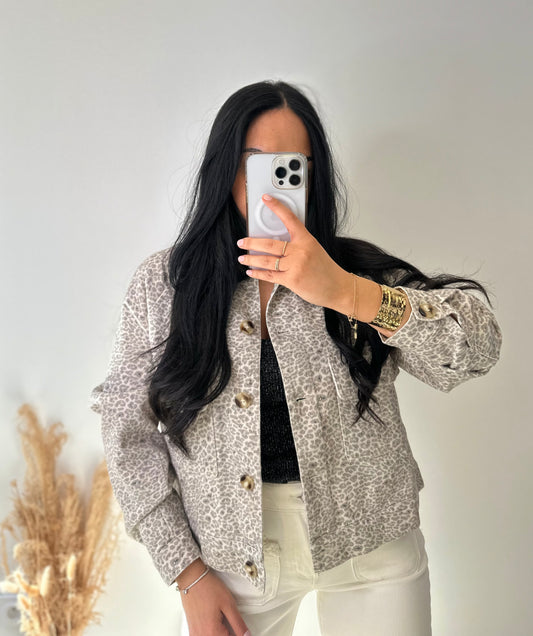 Veste en jean grise motifs léopard