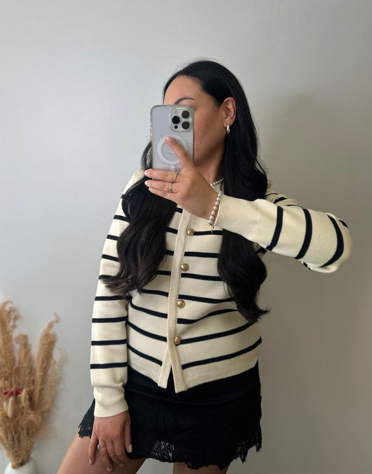Cardigan à rayures noires et boutons dorés - GABRIELLE