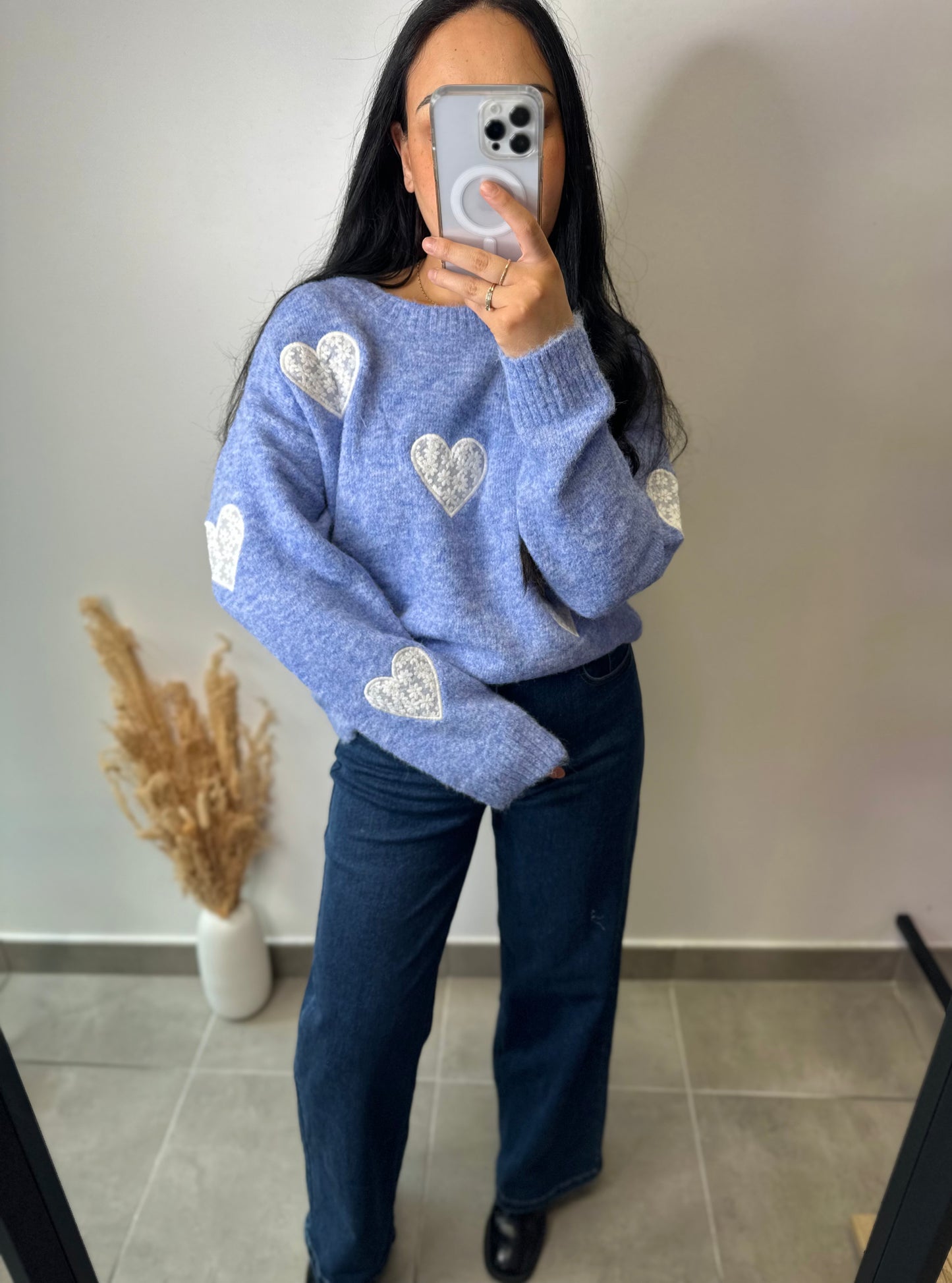 Pull bleu à cœur blanc - ROMANE