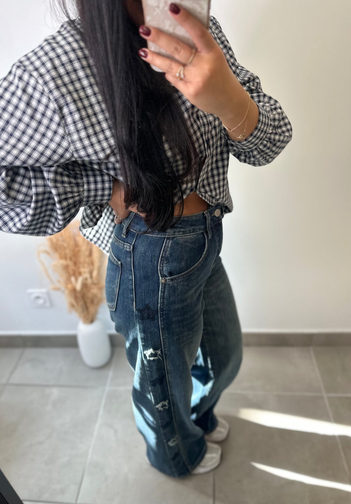 Jean délavé coupe WIDE LEG étoiles sur les côtés