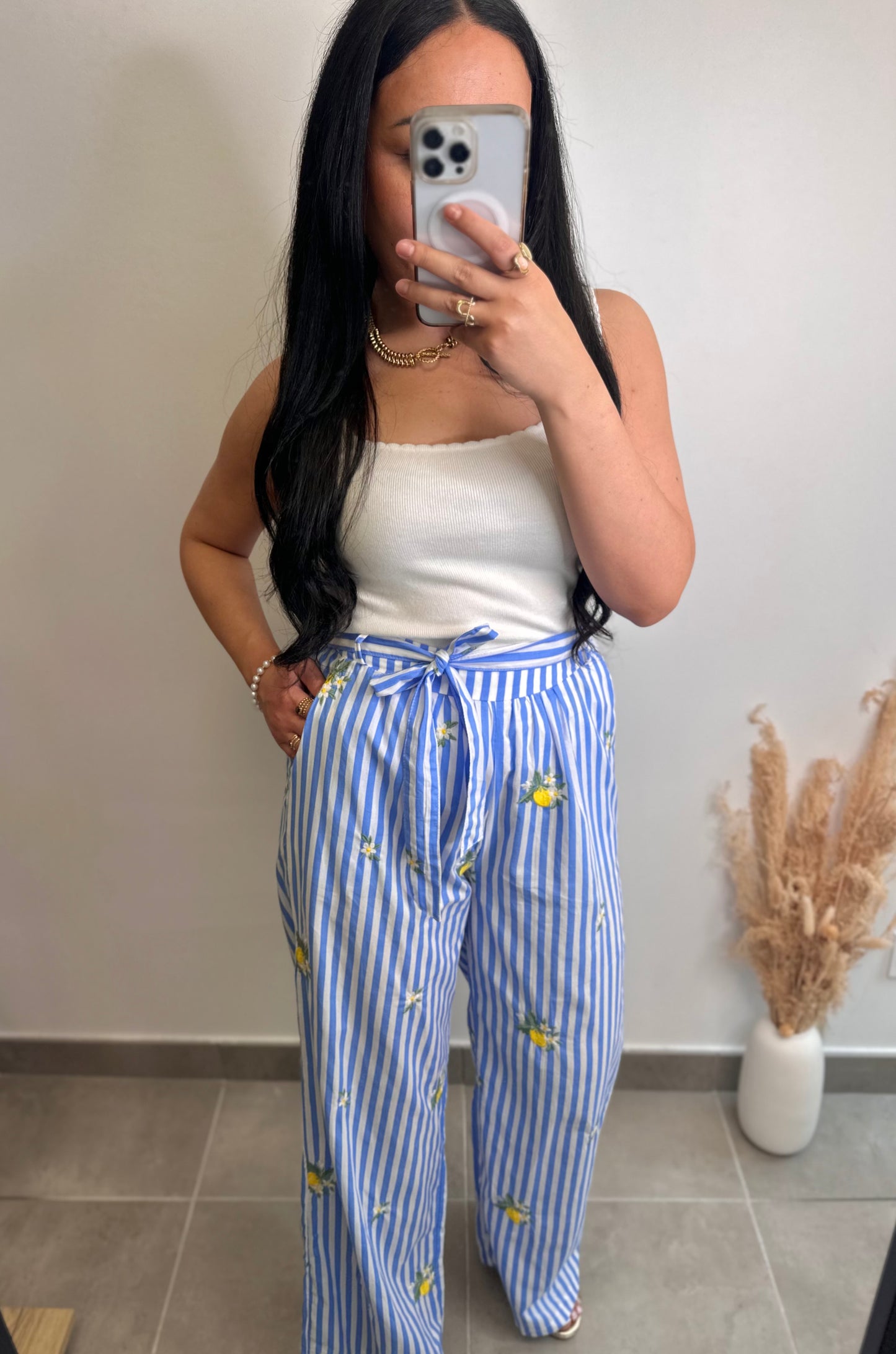 Pantalon en coton élastique à rayures bleues et citrons