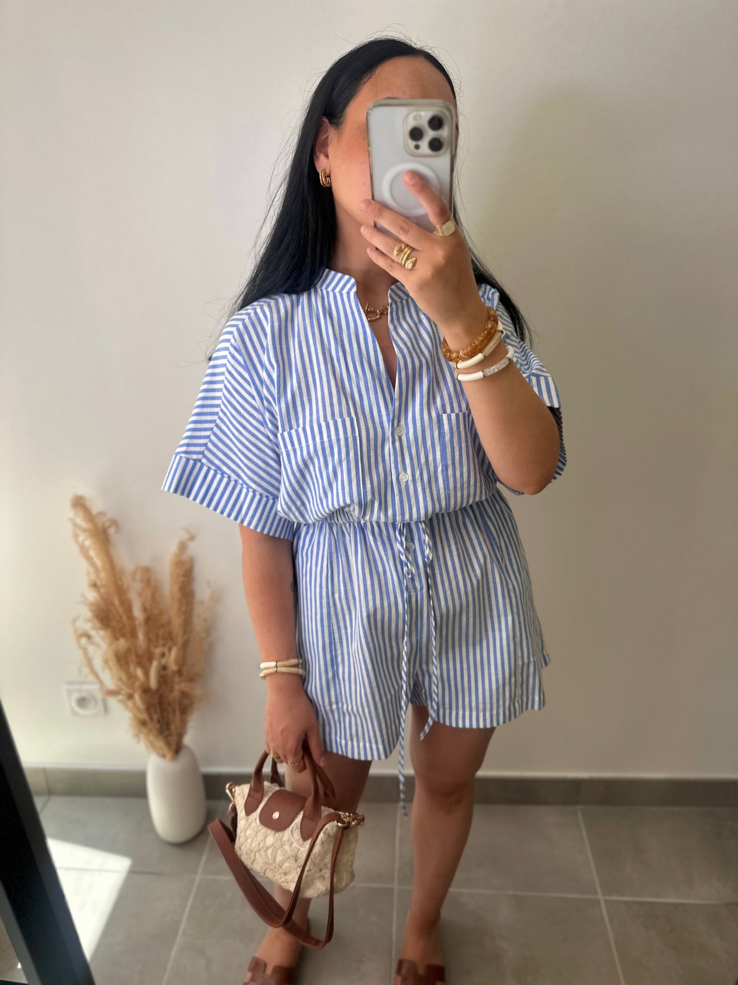 Combinaison short à rayures bleues