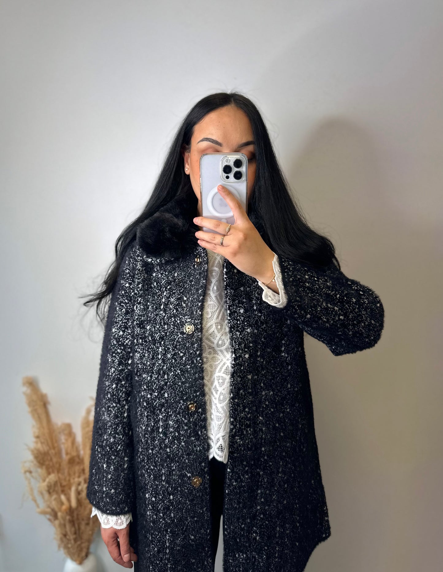 Manteau chiné col fourrure - COLINE