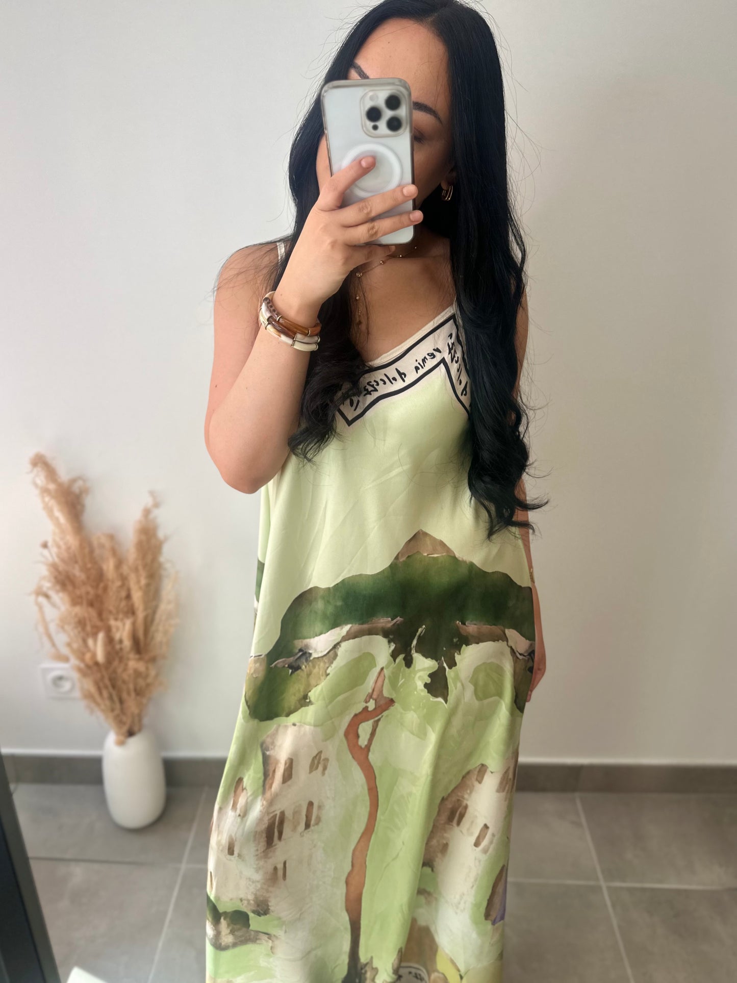 Robe bretelles en viscose motifs aquarelle verte