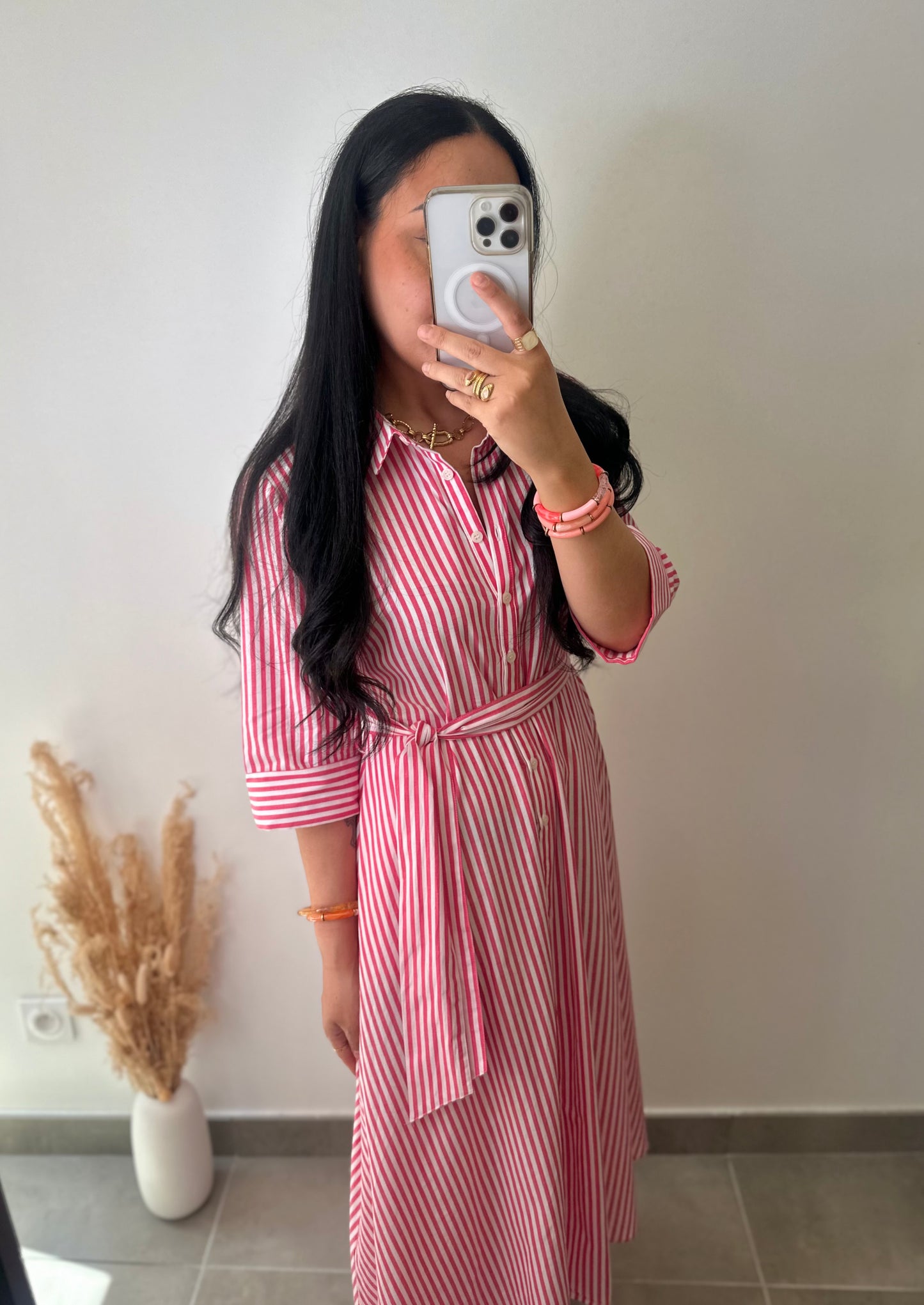 Robe chemise a rayures rose