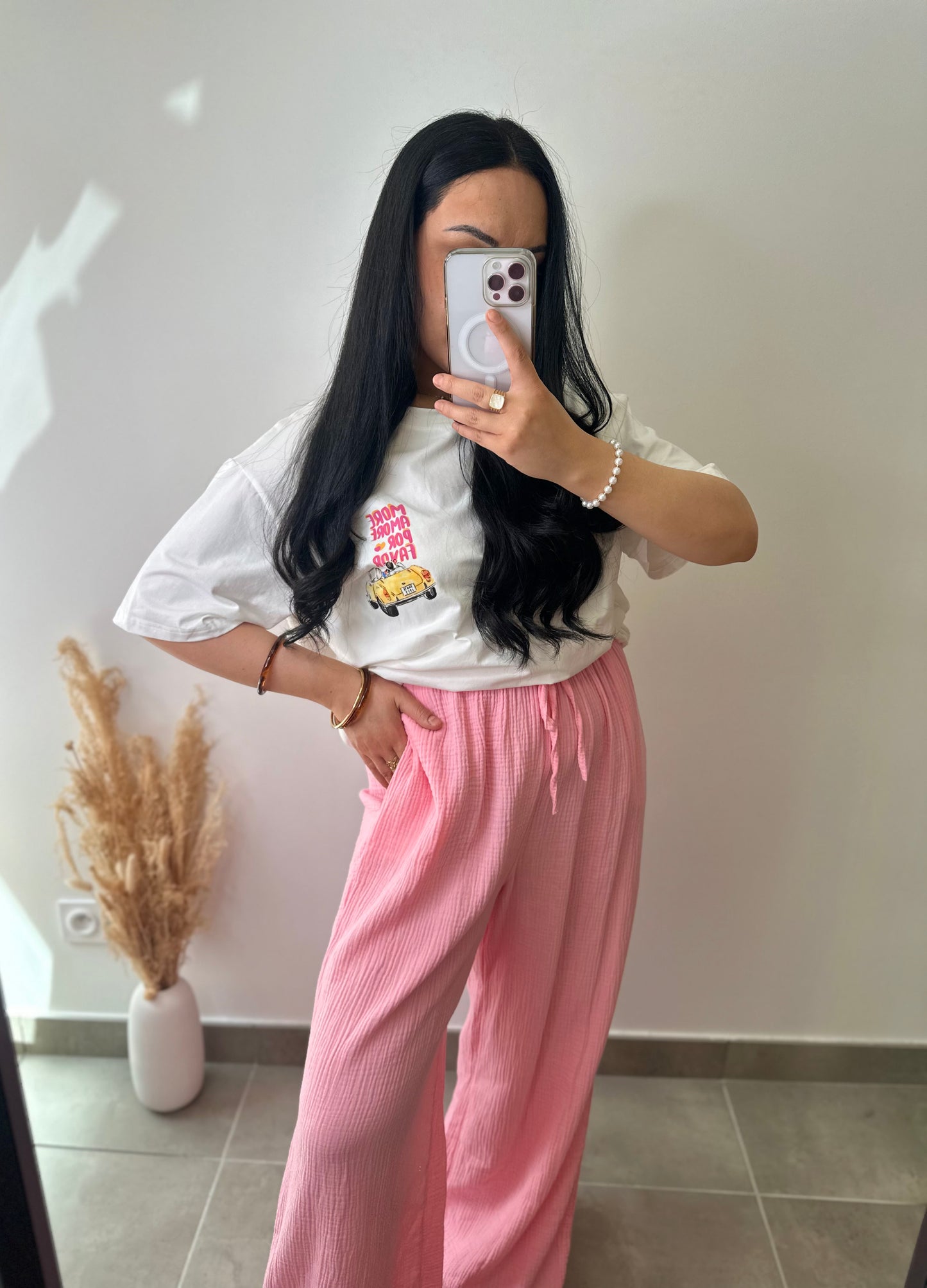 Pantalon en gaz de coton TALL rose