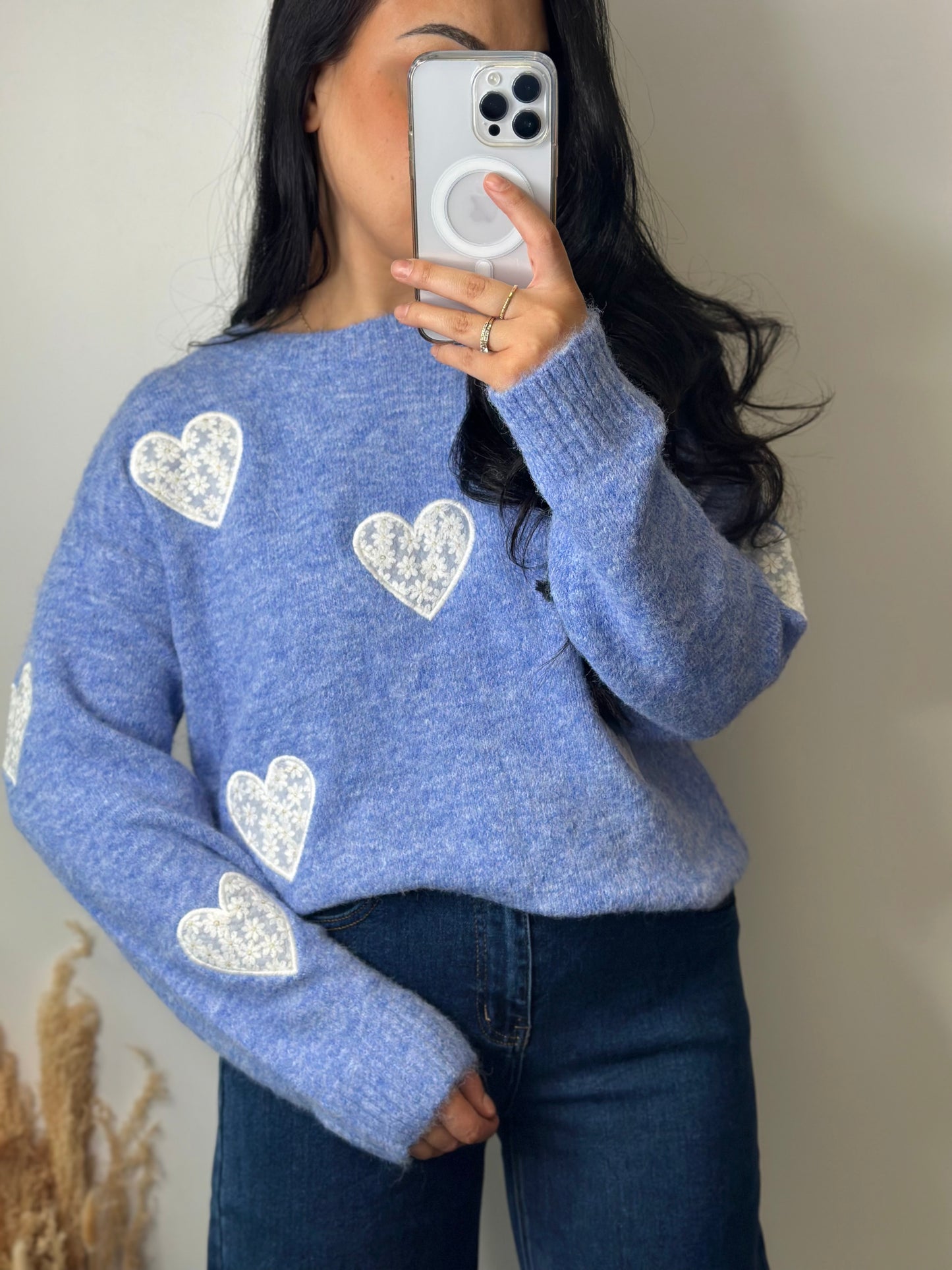 Pull bleu à cœur blanc - ROMANE