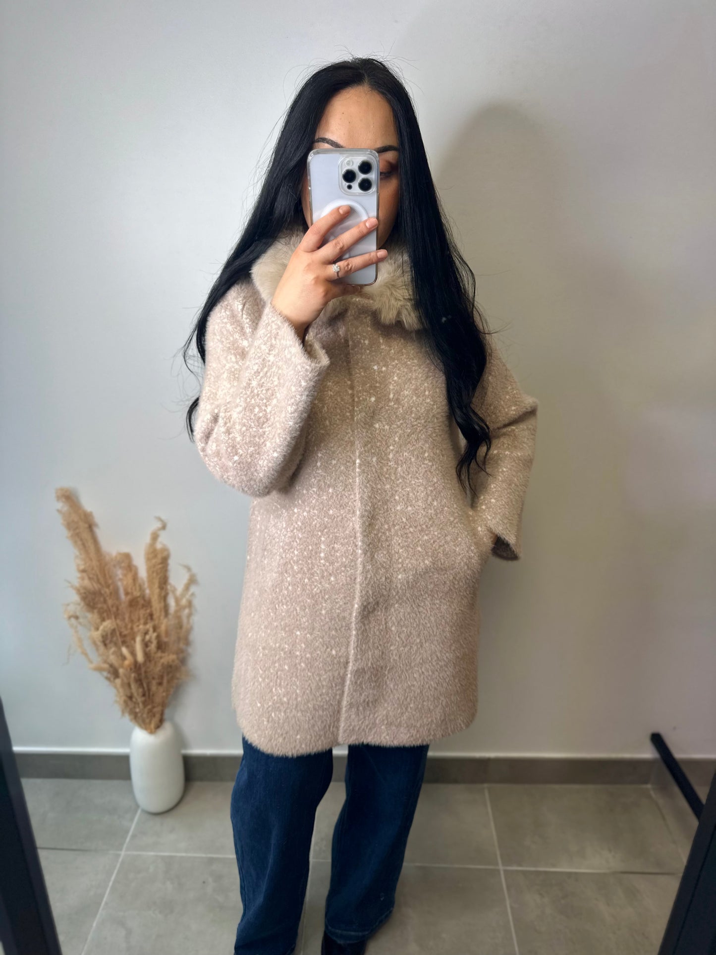 Manteau chiné col fourrure - COLINE