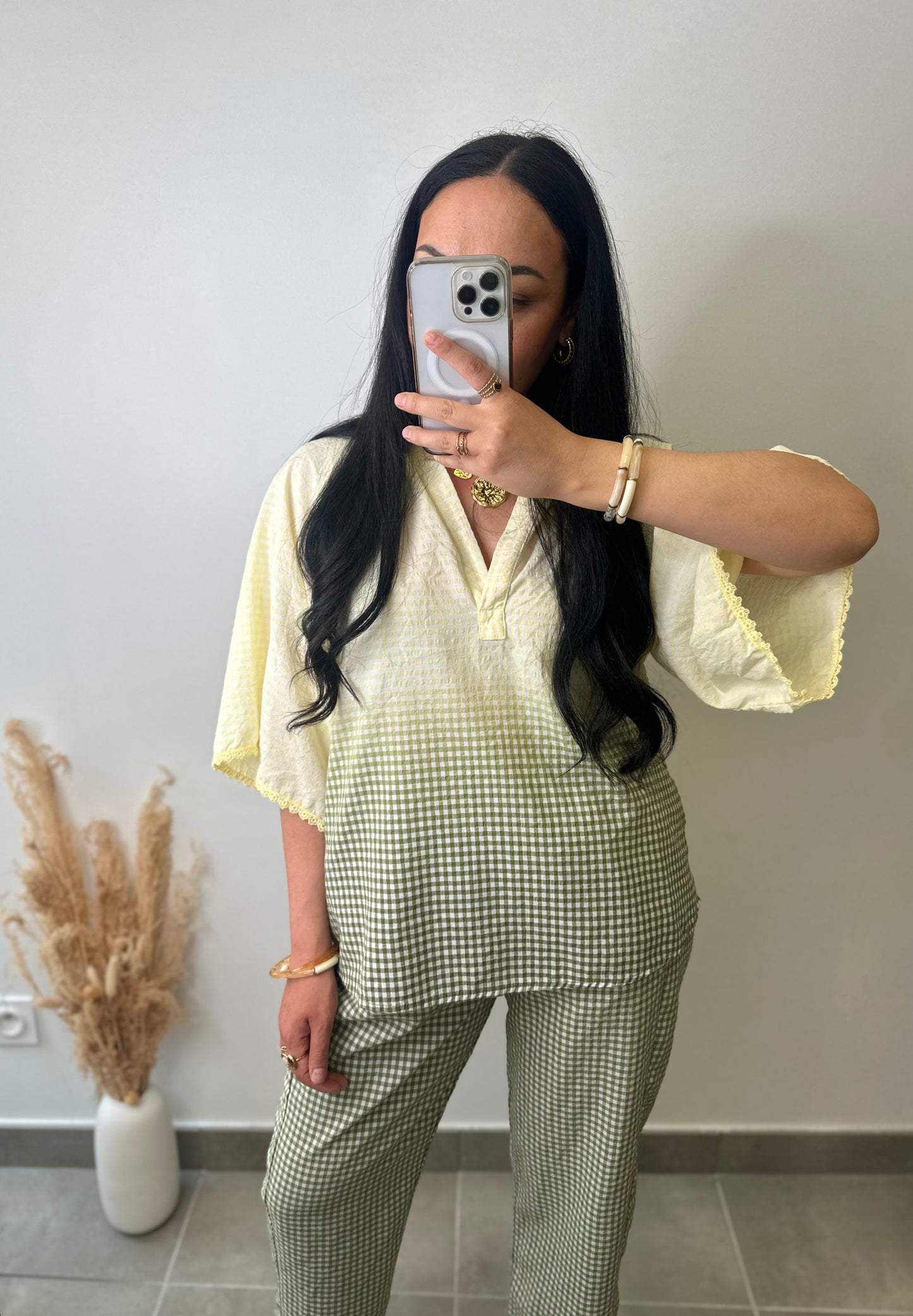 Chemise imprimé vichy jaune et kaki