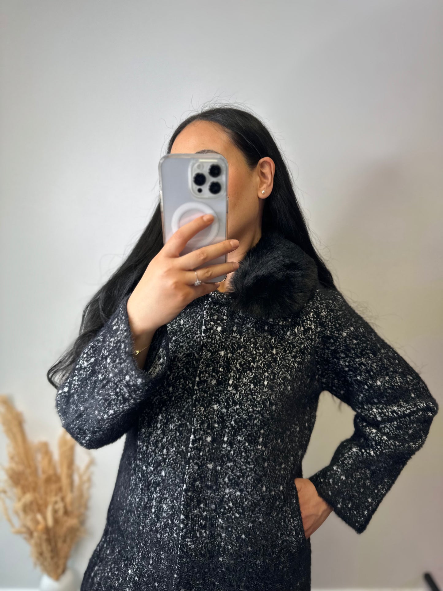 Manteau chiné col fourrure - COLINE