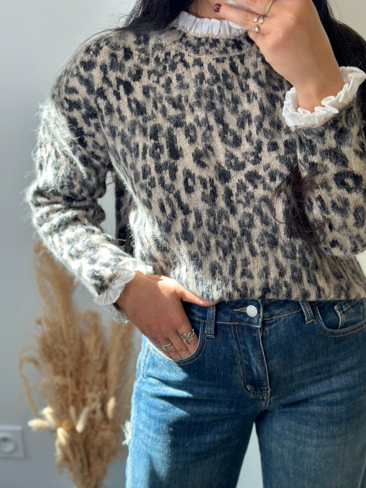 Pull en maille moelleuse à motif léopard