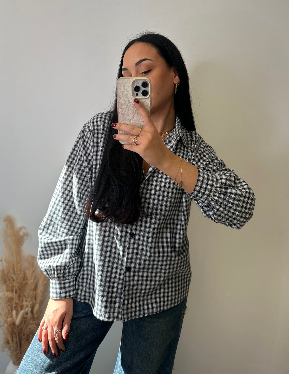 Chemise à carreaux bleu marine oversize avec cœur à l’arrière