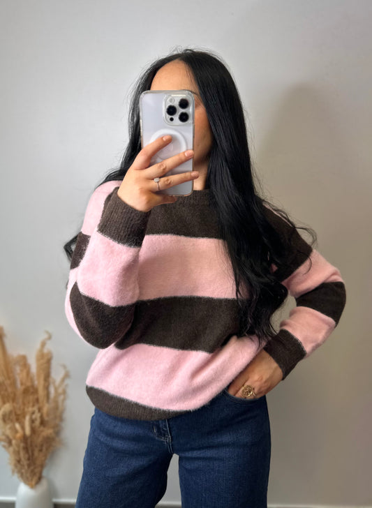 Pull à rayures marron et rose - CLARA