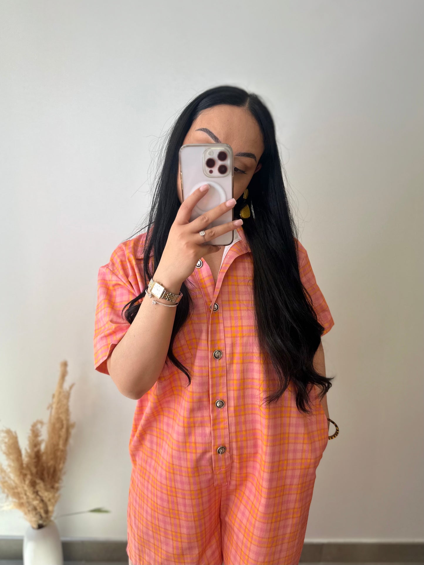 Combi-short à carreaux orange et rose